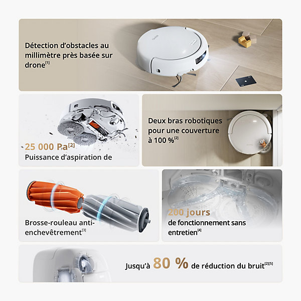 DJI ROMO S Aspirateur Robot Laveur 25 000 Pa, détection de Niveau Drone, Deux Bras robotiques