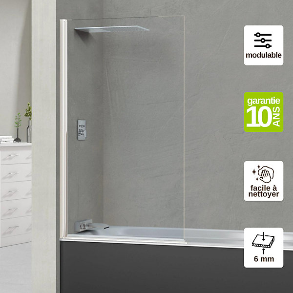 Paroi de baignoire fixe   pivotant gauche en verre sécurité ép 6mm anti calcaire, L85 x H147 cm, blanc, SUPERBAN Alsace Sport