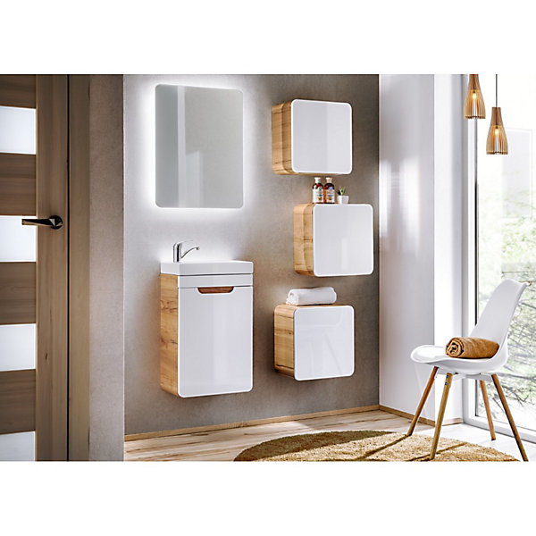Meuble salle de bain ERBANOChene clair et blanc brillant35x35 cm1 porteMeuble suspendu