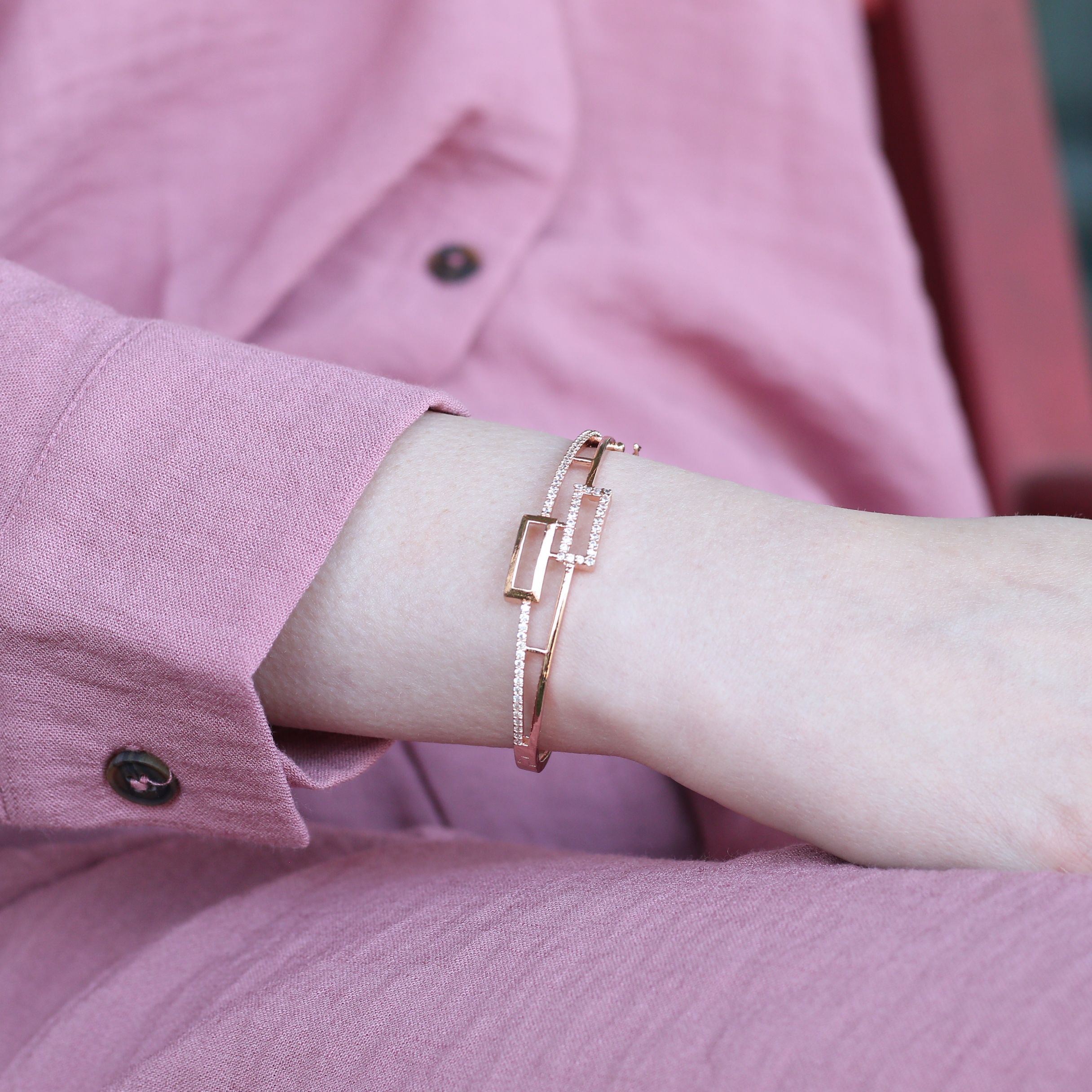 The Colourful Aura Brass Zircon Rectangle Luxury Wrist Bangle Bracelet