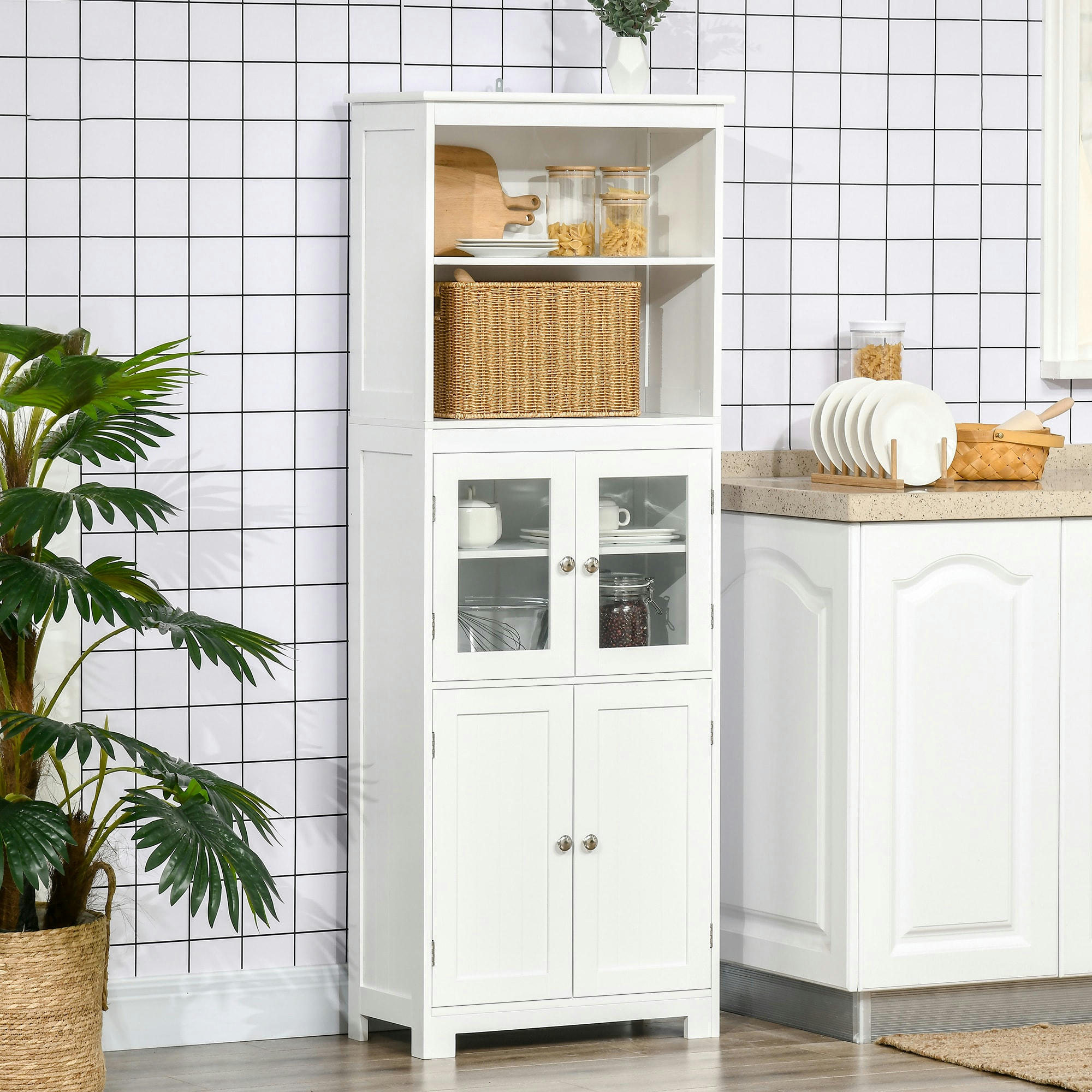 - Buffet haut 4 portes avec étagères 2 niches grand plateau blanc
