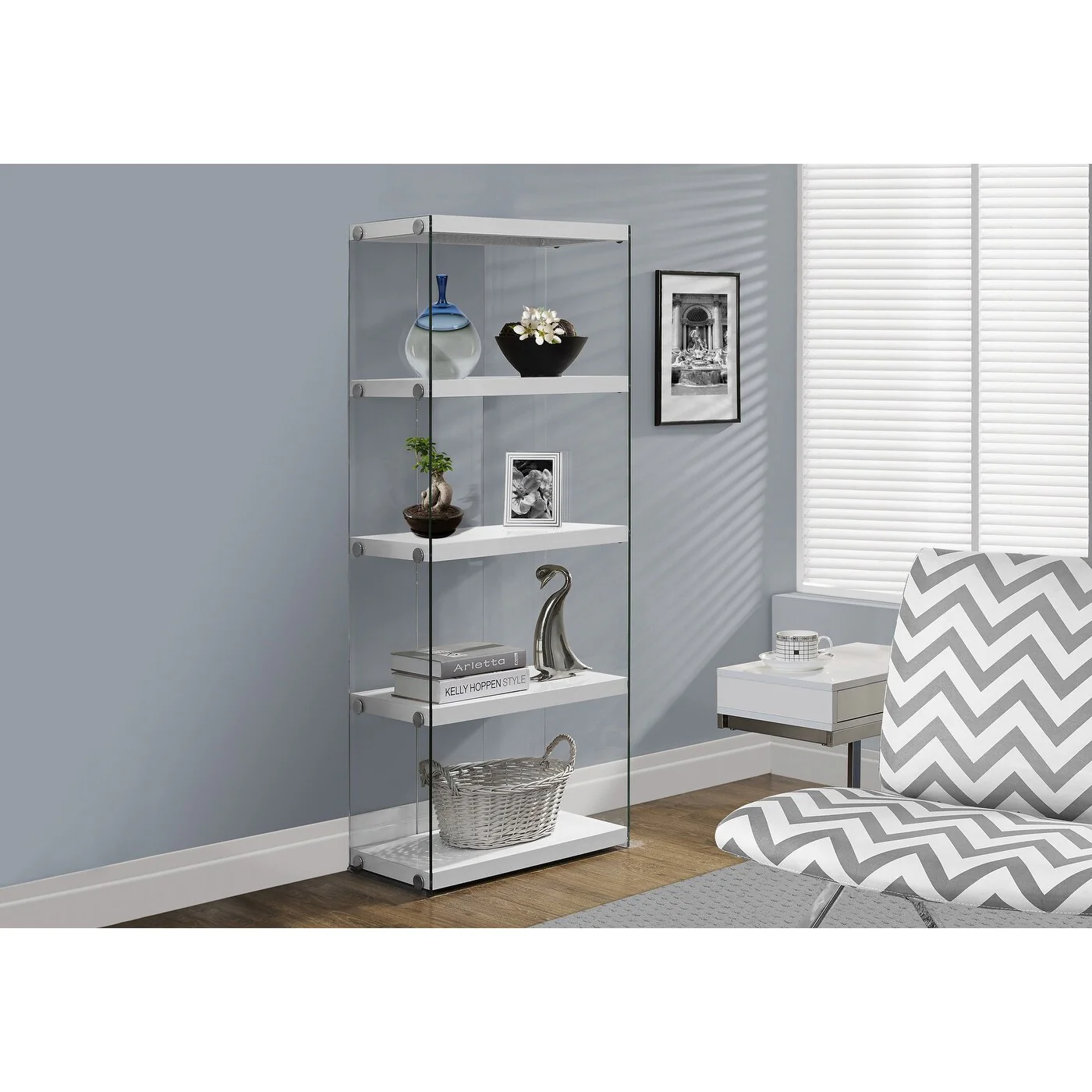 Bookshelf, Bookcase, Etagere, 5 Tier, 60h, Office, Bedroom, Glossy White Laminate, Clear Tempered Glass, Contemporary, Modern