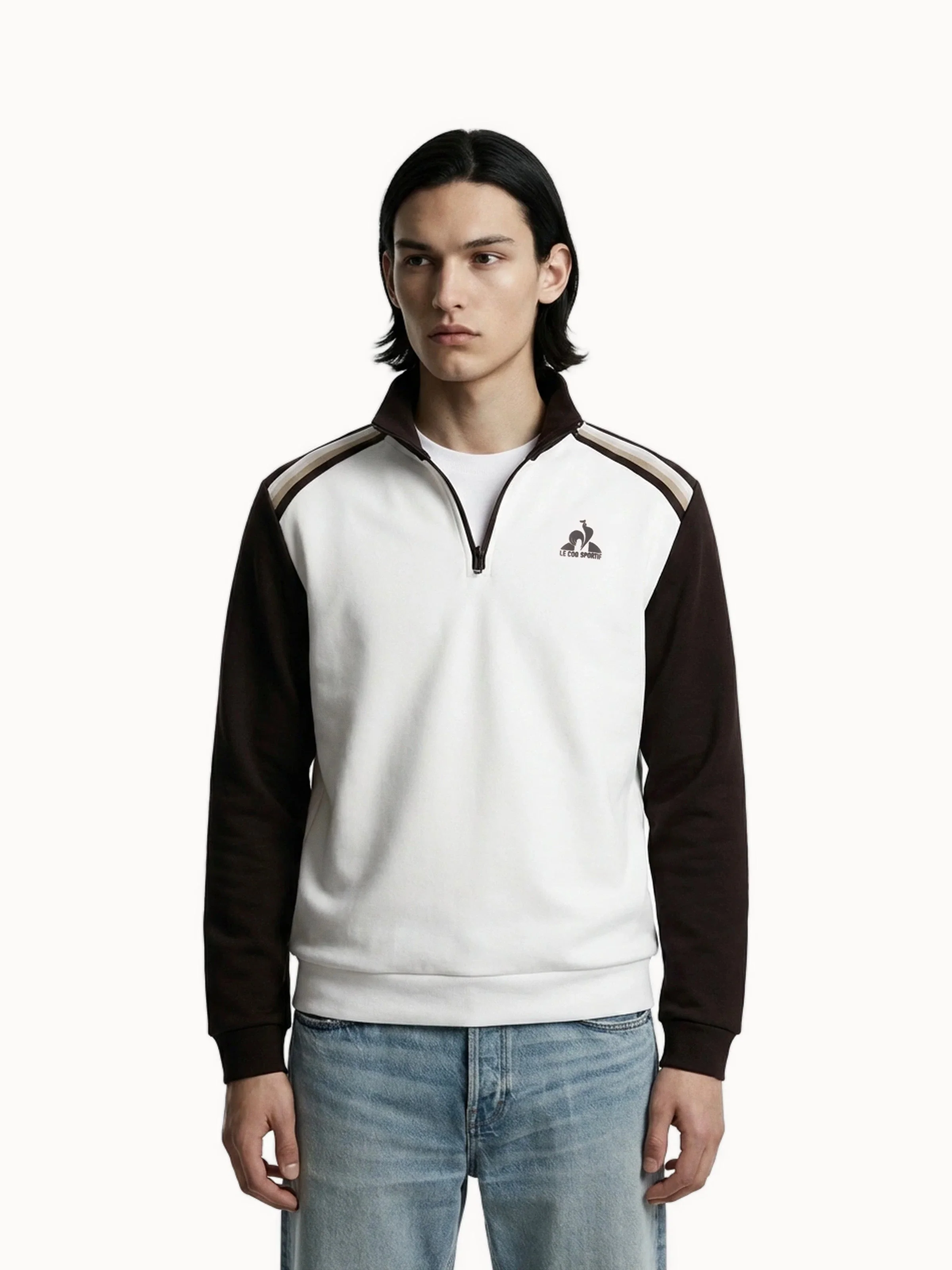 Sweat demi-zippé double face bicolore et bandes épaules tricotées