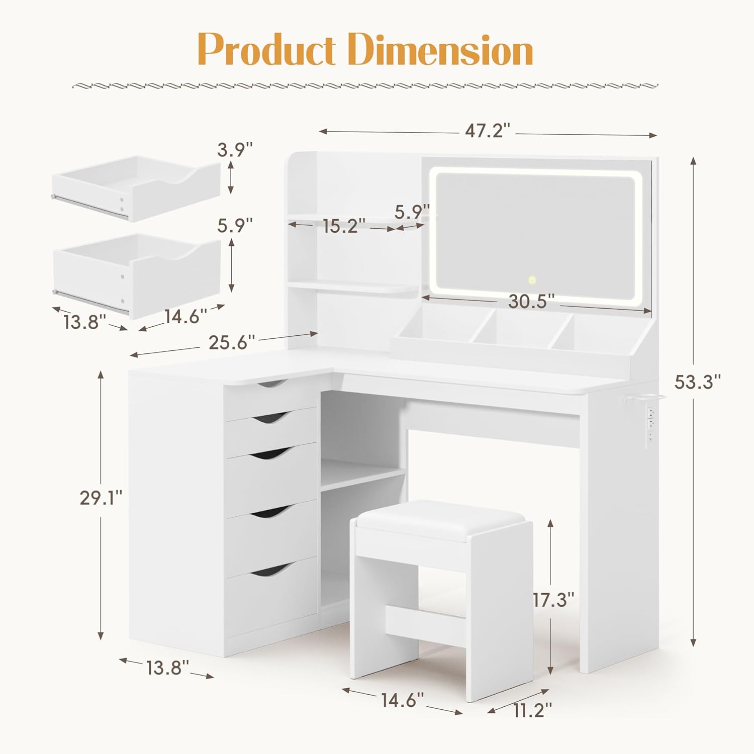 YESHOMY Vanity Desk with Lights and Mirror, L Shaped Makeup Table, Dresser with Hairdryer Holder and Power Outlet, Adjustable 3 Lighting Modes, 5 Drawers and Adjustabled Open Storage Shelves, White