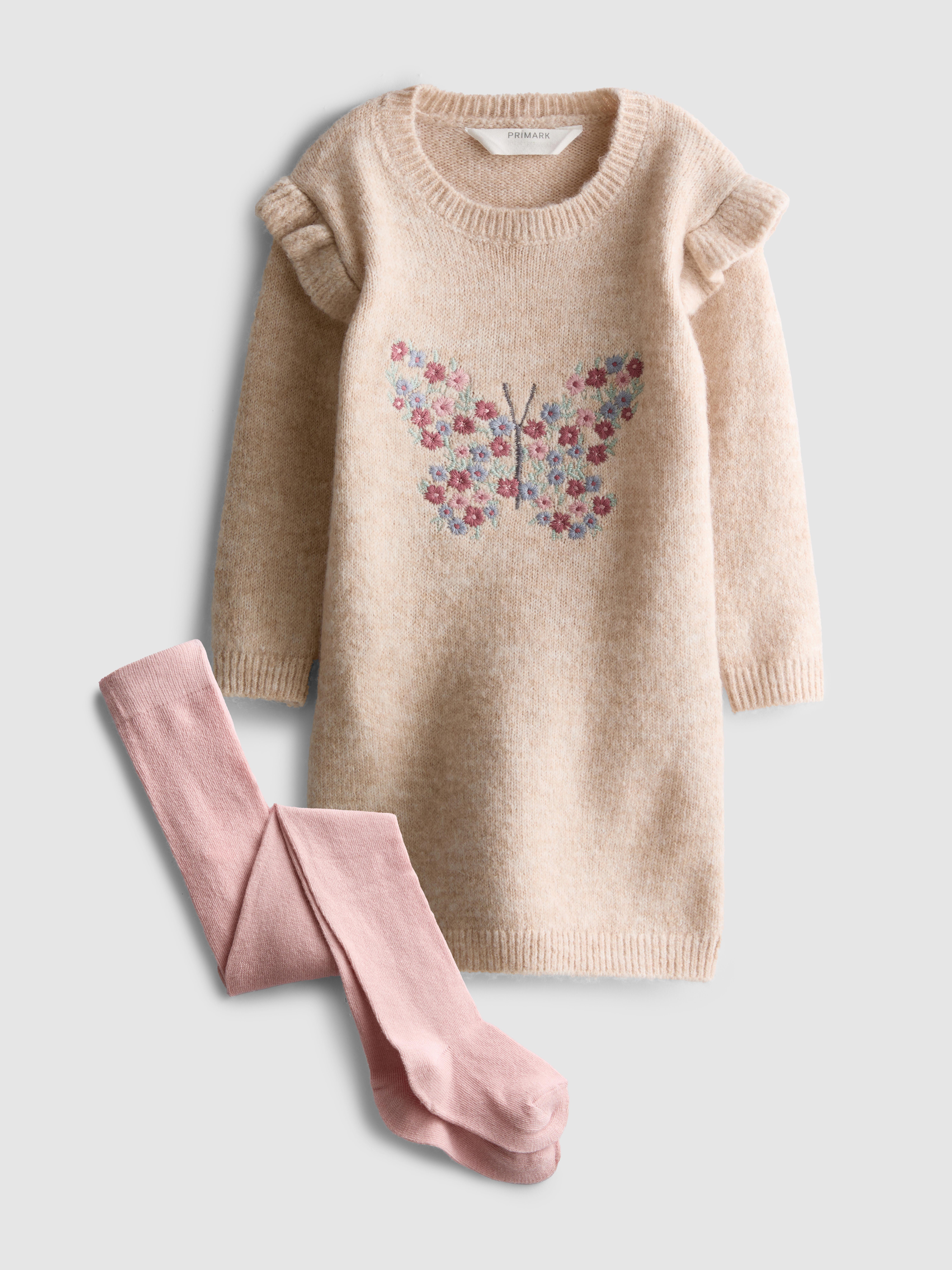 0-36mths | Butterfly Ruffle Sweater Dress and Tights Set