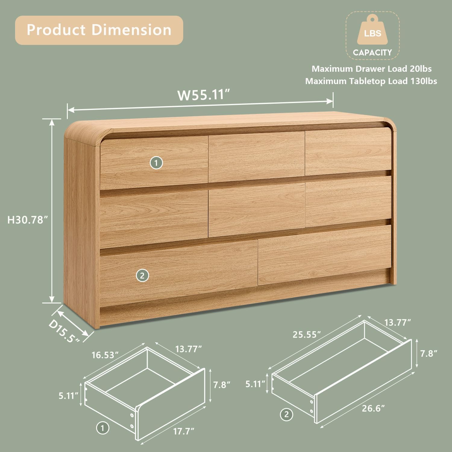 Modern 8 Drawers Dresser for Bedroom, 55 Wide Dressers & Chest of Drawers w/Curved Profile Design, Wood Mid Century Storage Dressers Organizer for Bedroom, Living Room, Natural Oak