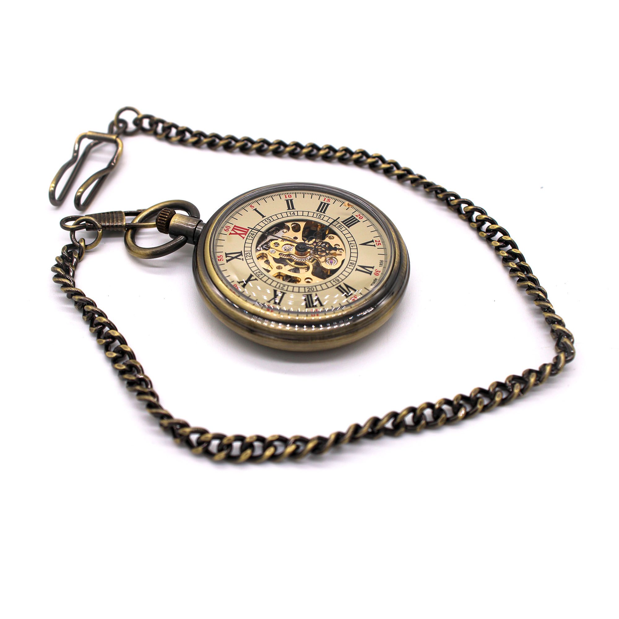 Infinity Leather Mechanical Skeleton Antique Open Face Pocket Watch