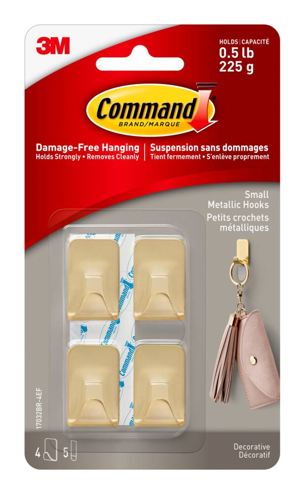Command Small Metallic Hooks with Adhesive Strips, Brass, 0.5-lbs, 4 Strips per Pack