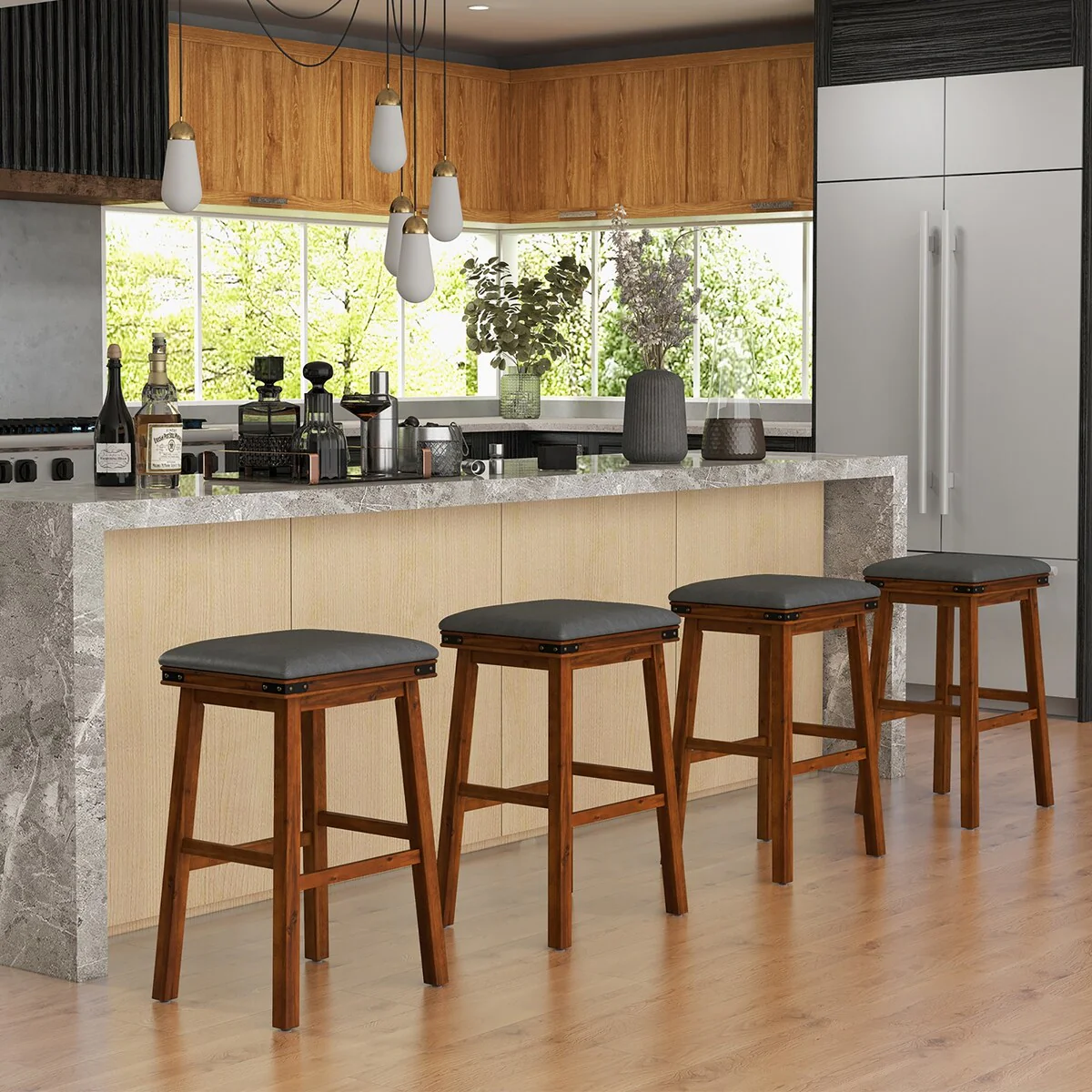 Gymax Set of 4 PU Leather Bar Stools 30'' Counter Height Dining Stools