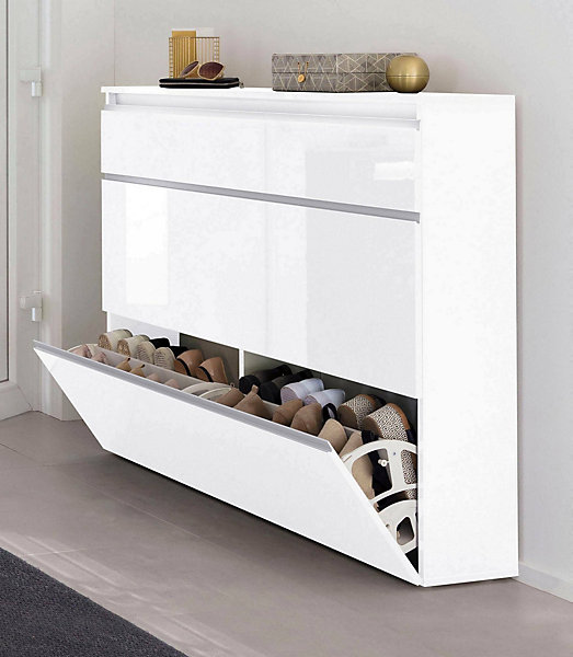 Etagere à chaussures Piero, Armoire polyvalente avec 2 portes et 1 porte abattante, 120x27h108 cm, Blanc brillant