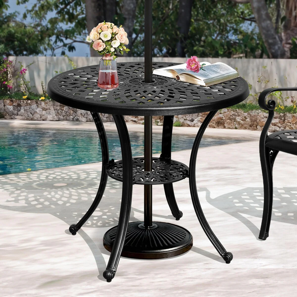 Moasis 30.7 Outdoor Patio Round Antique Cast Aluminum Dining Table with Umbrella Hole