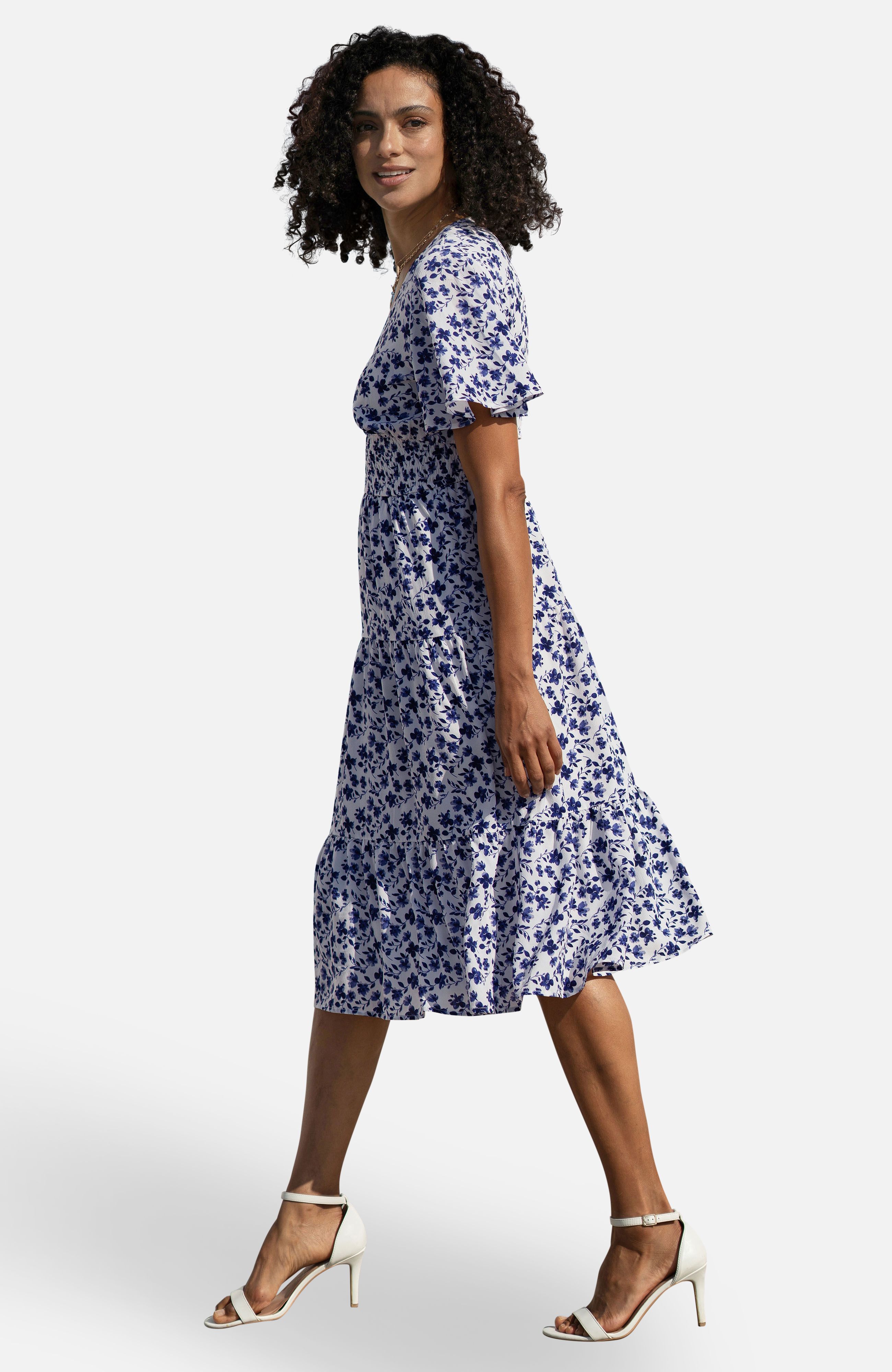 Yumi Blue Floral Ruched Waist Midi Dress With Angel Sleeves