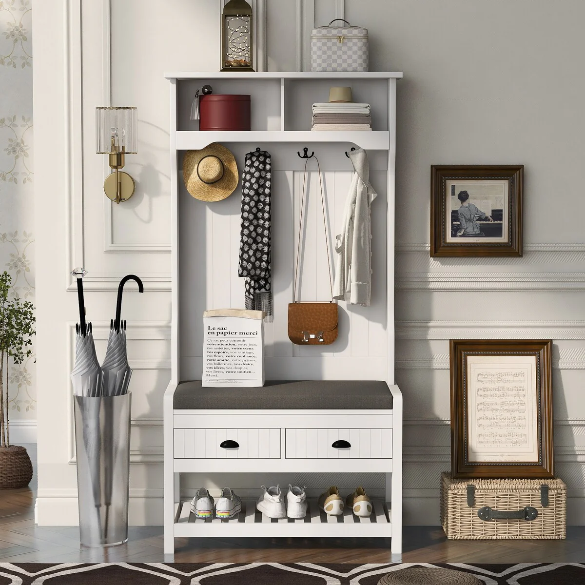 3-in-1 Design Coat Racks Hall Tree Padded Storage Bench with 2 Open Shelves Top & 2 Sliding Drawers with 4 Hooks & Hinged Lid