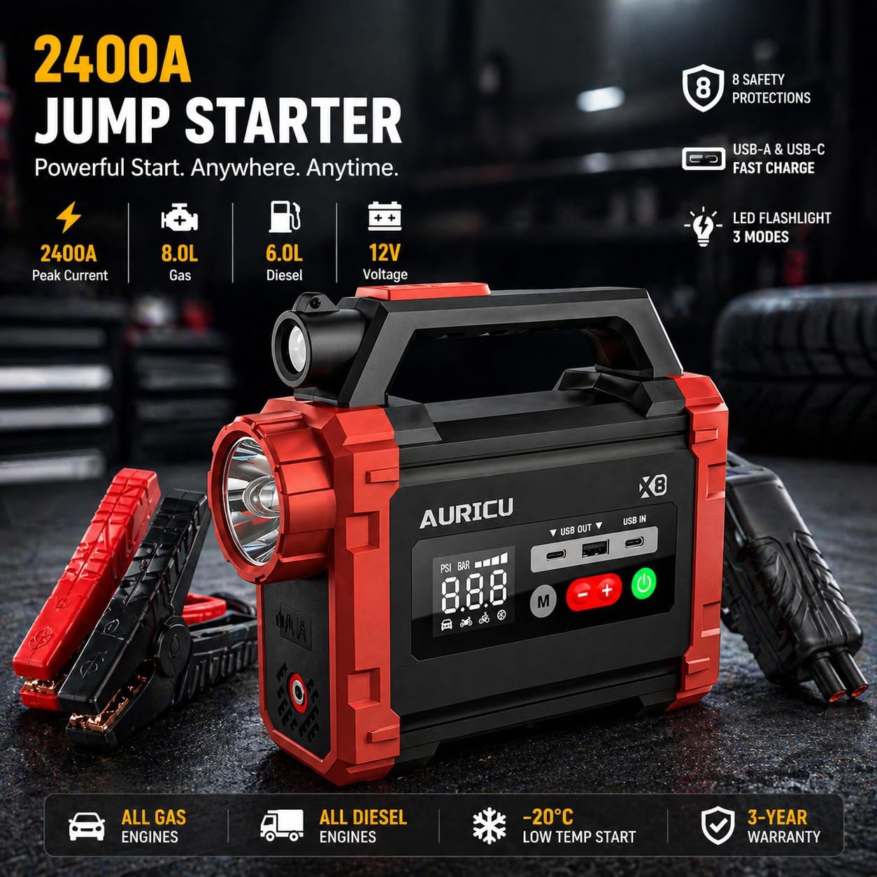 X8 2400A Jump Starter 150 PSI Air Compressor 12V Lithium Battery Booster Pack, Portable Jump Box, Power Bank & Jumper Cables for Max 8.0L Gas Engines and Max 6.0L Diesel Engine