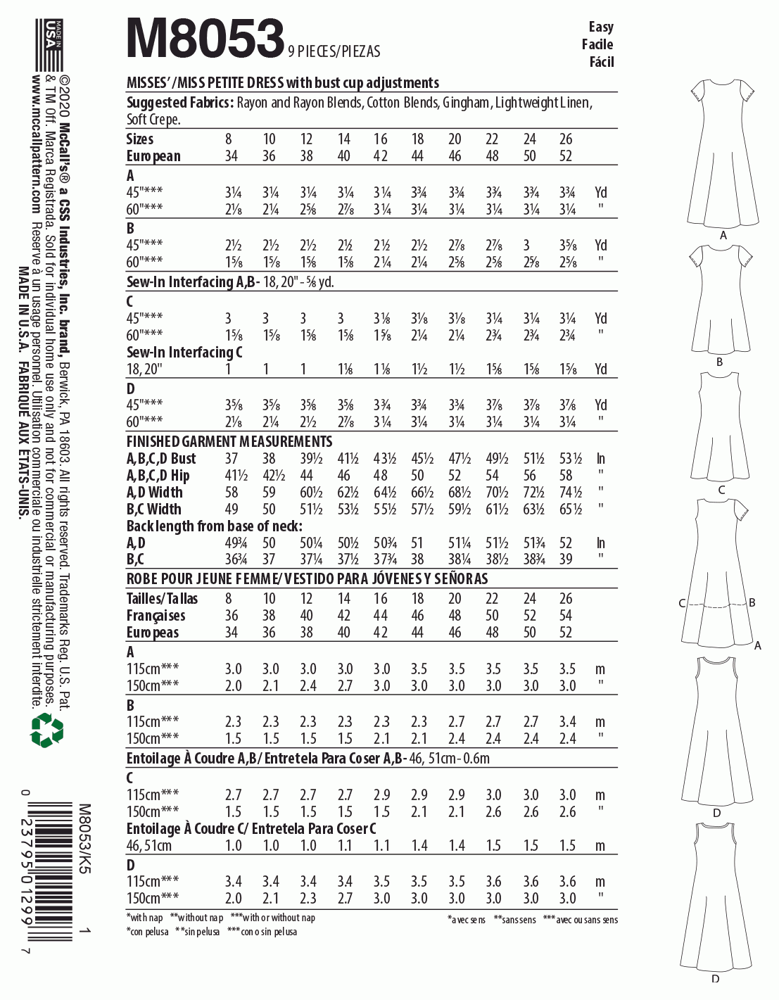 McCall's M8053 Sewing Pattern Misses' Tent Dress In 2 Lengths