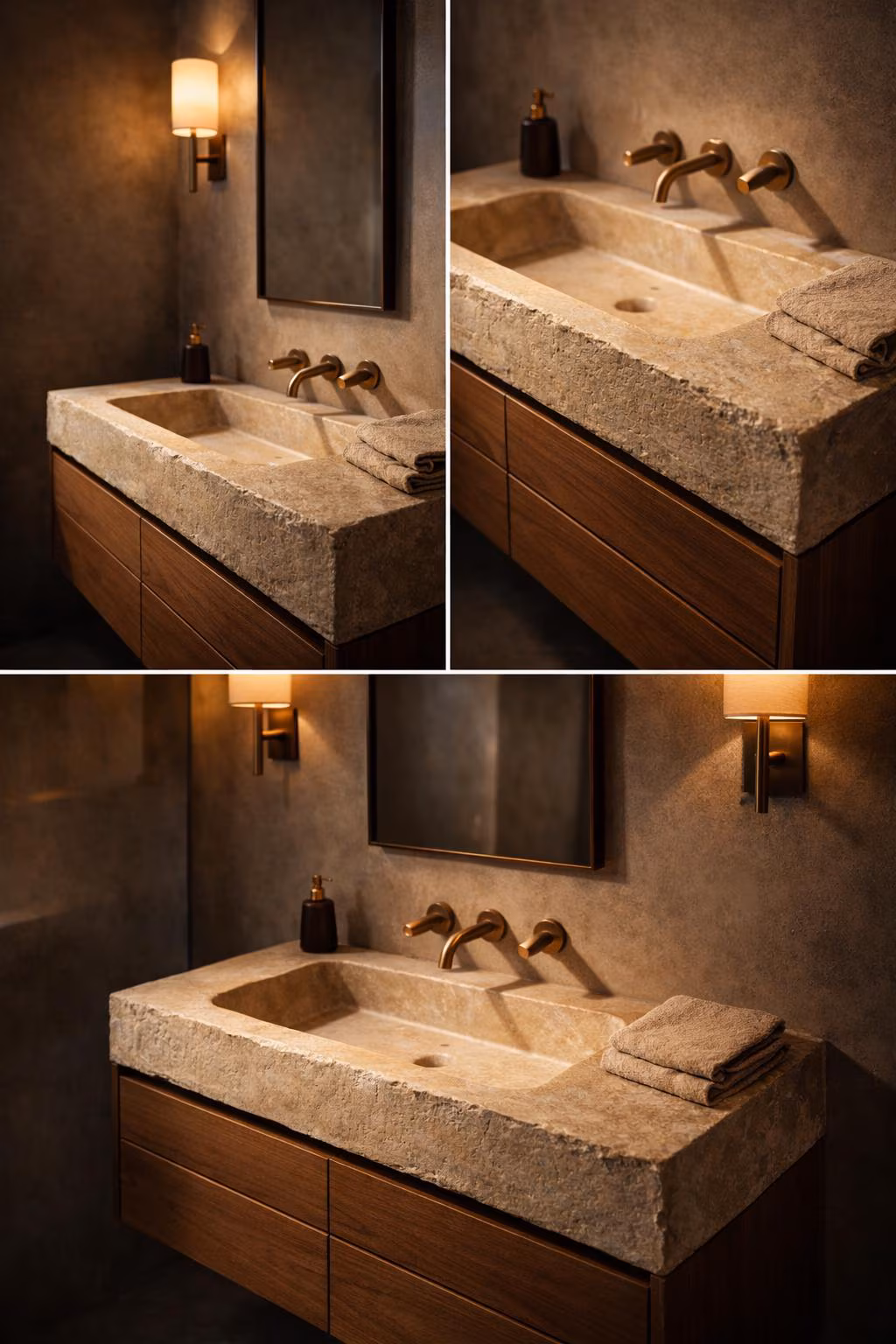 Travertine Bathroom Sink or Floating Wood Vanity | Solid Stone Washbasin | Custom Sizes