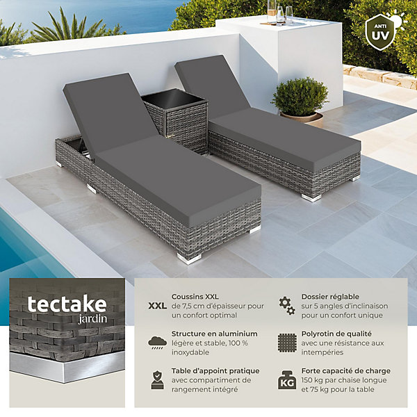 Lot de 2 Bains de soleil en duo au design luxueux avec Cadre en aluminium