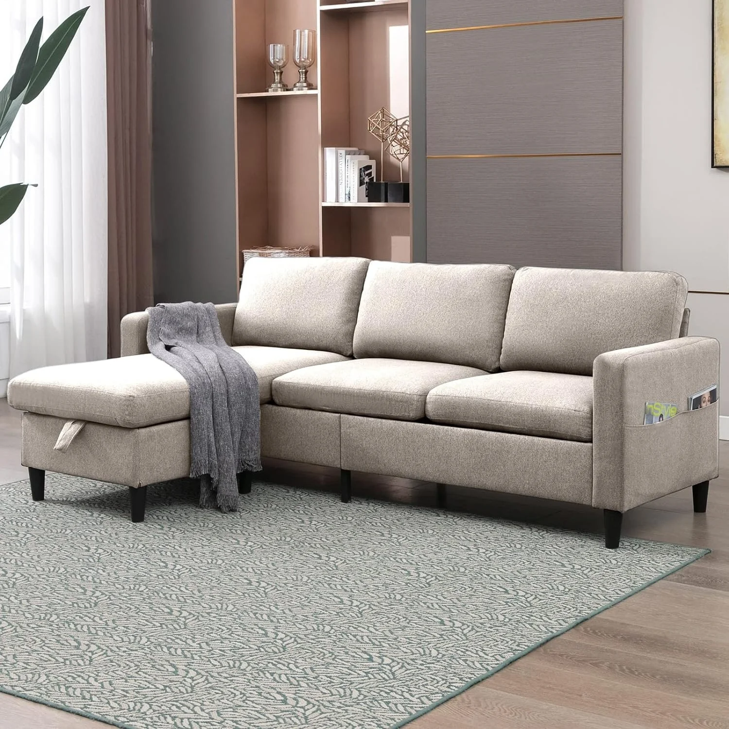 Mixoy Convertible L-Shaped Sectional 3-Seat Sofa with Storage Ottoman,Reversible Chaise - 85.83in x 27.95in x 30.71in