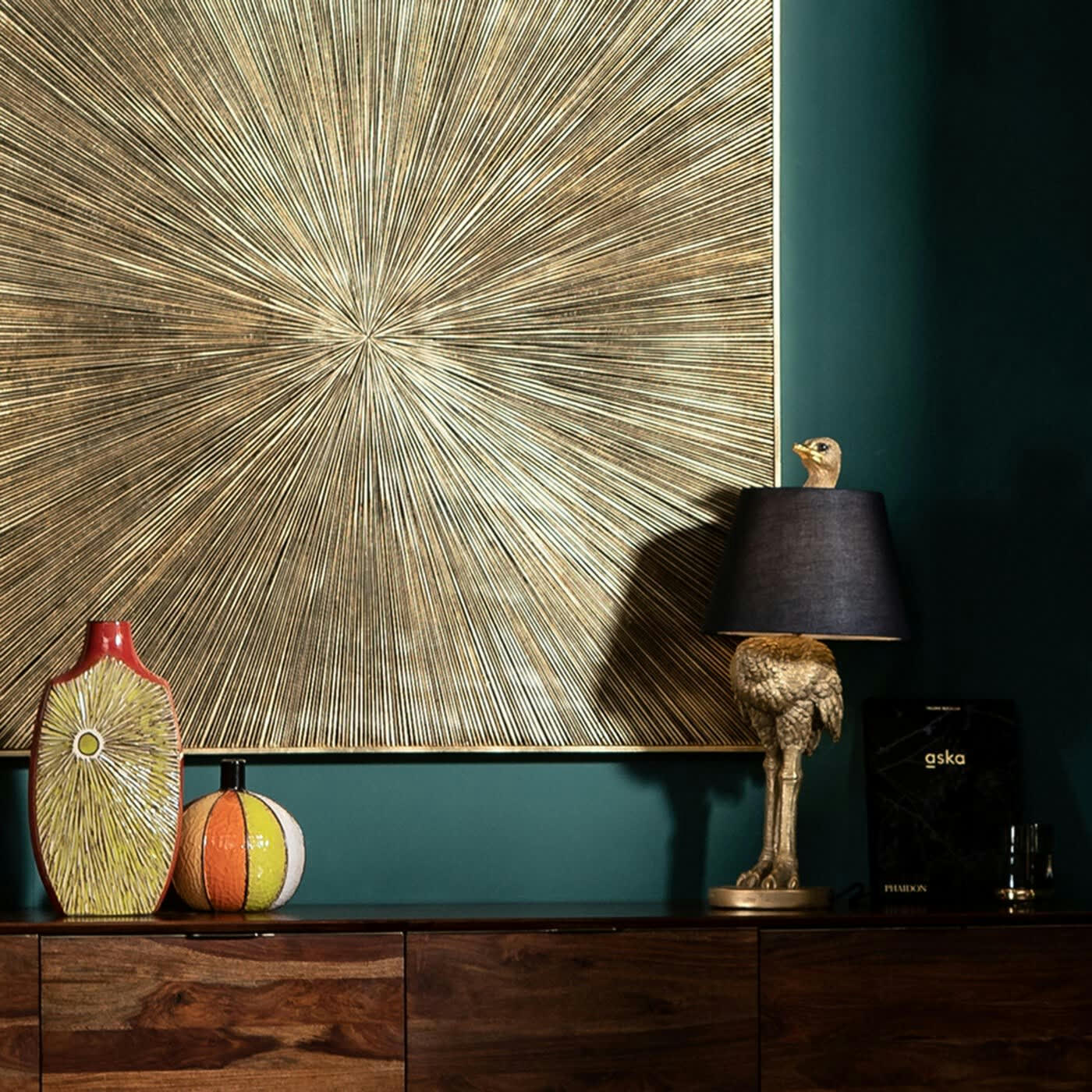 - Lampe autruche en polyrésine dorée et abat-jour noir H69