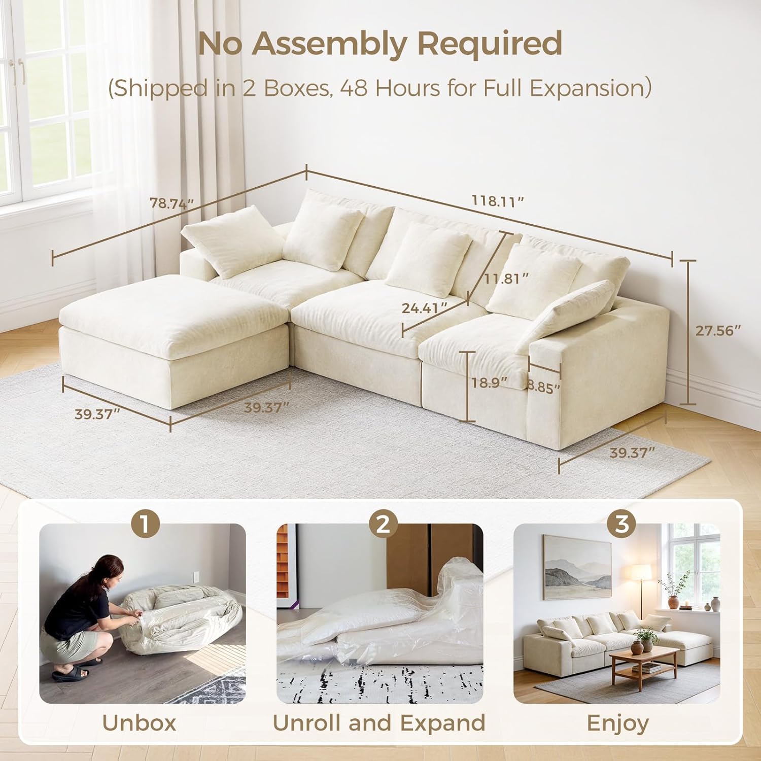 120 L-Shaped Boneless Cloud Couch, Modular Sectional Sofa with Ottoman and Extra-Wide Armrests, Deep Seat Sectional Couches for Living Room, 35D High-Density Foam, No Assembly Required, Beige