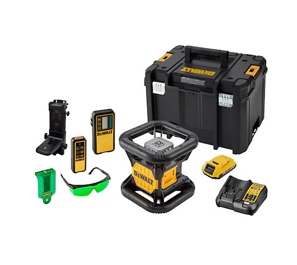 Niveau laser rotatif double pente DEWALT DCE079D1G-QW avec batterie 18V 2Ah, chargeur et coffret.