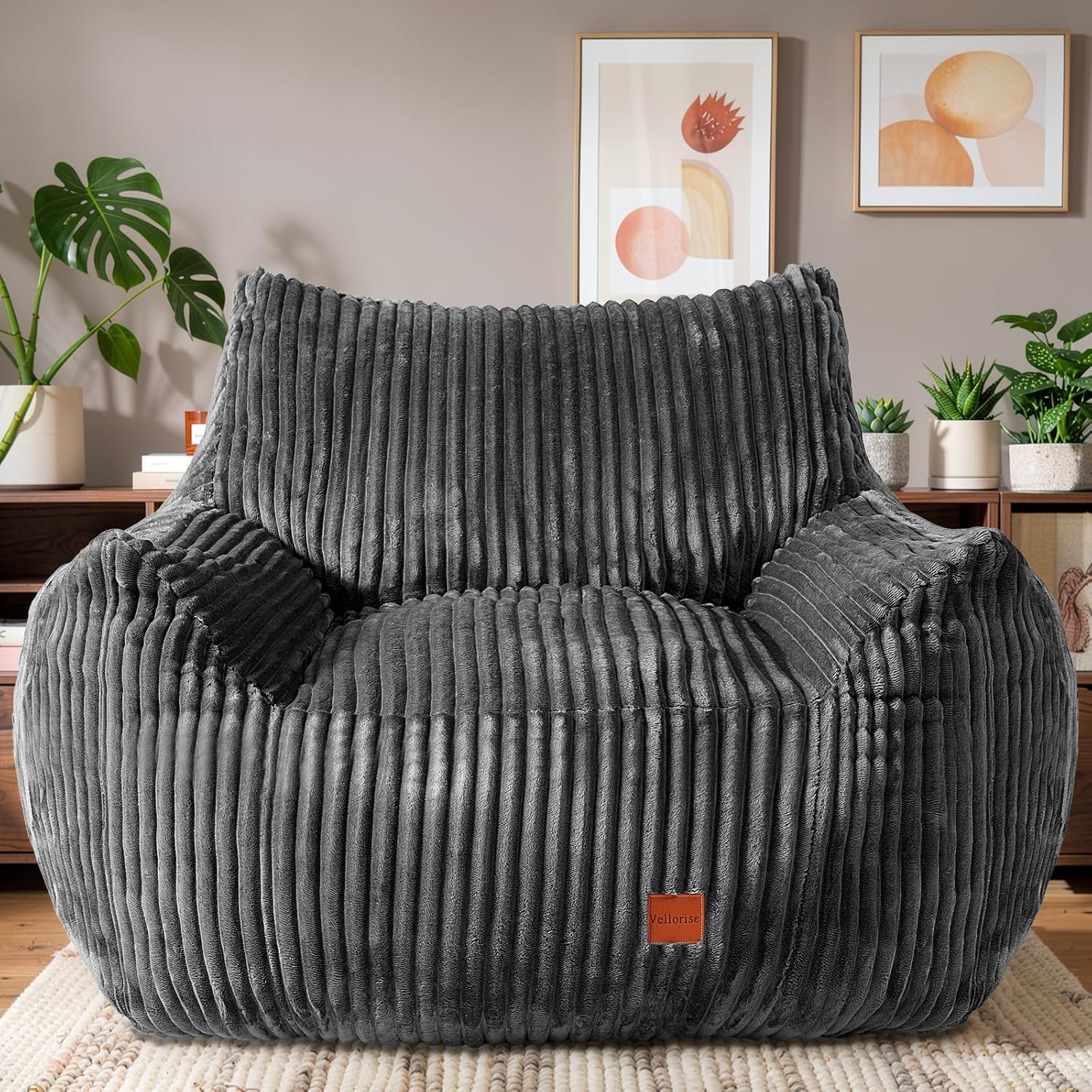 Giant Bean Bag Chair, Oversized Bean Bag Couch for Adults, Fluffy Corduroy BeanBag with Armrests for Living Room, Bedroom, Dorm Vacuum-Compressed for Easy Gifting, 48h to Expand, Dark Gray