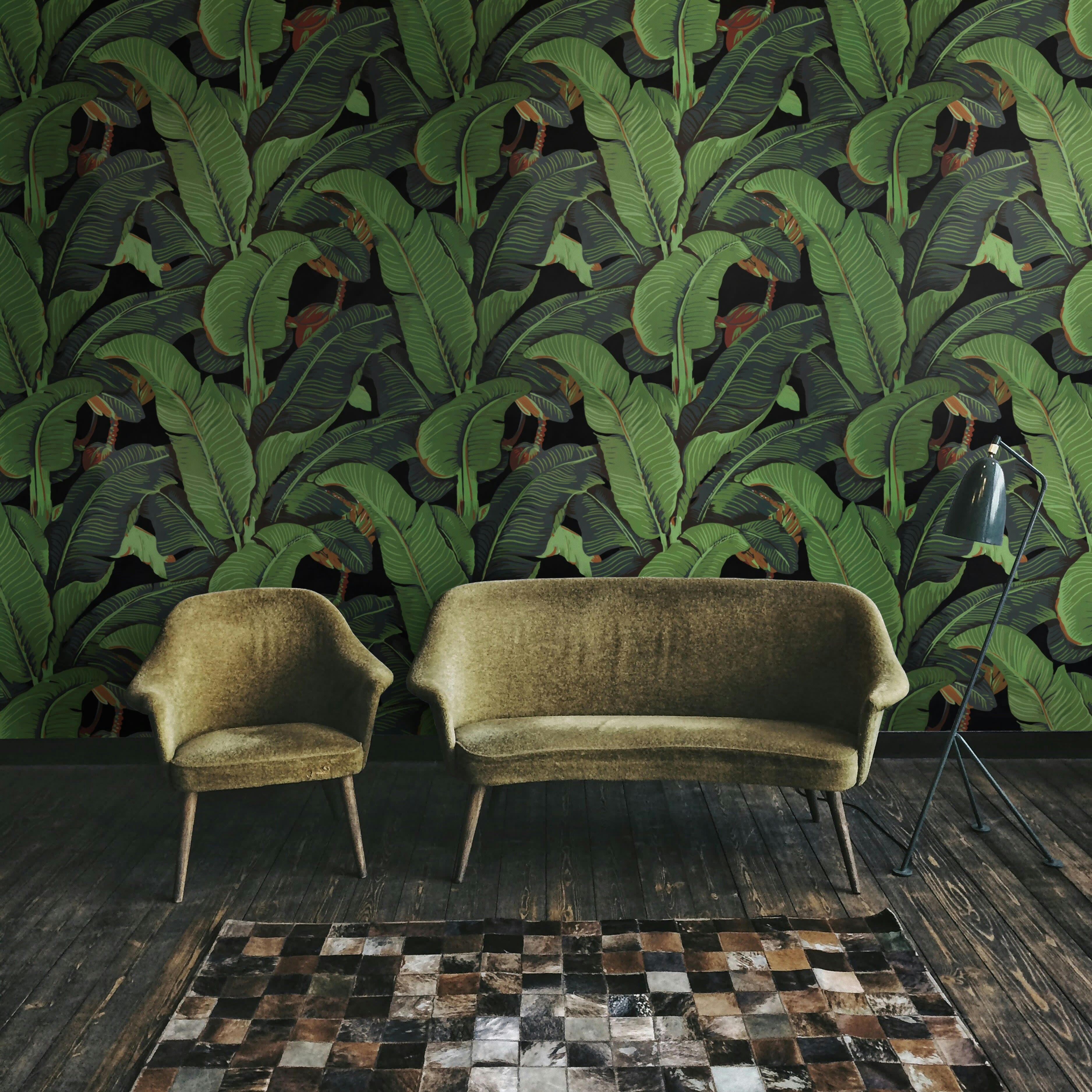 TROPICALI - Papier Peint Noir Feuilles de Bananier 250x200 cm