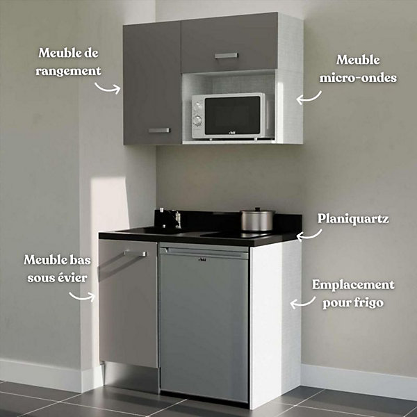 Kitchenette K00 - 100 cm - façades Gris - Plan monobloc en quartz coloris Nero évier à gauche