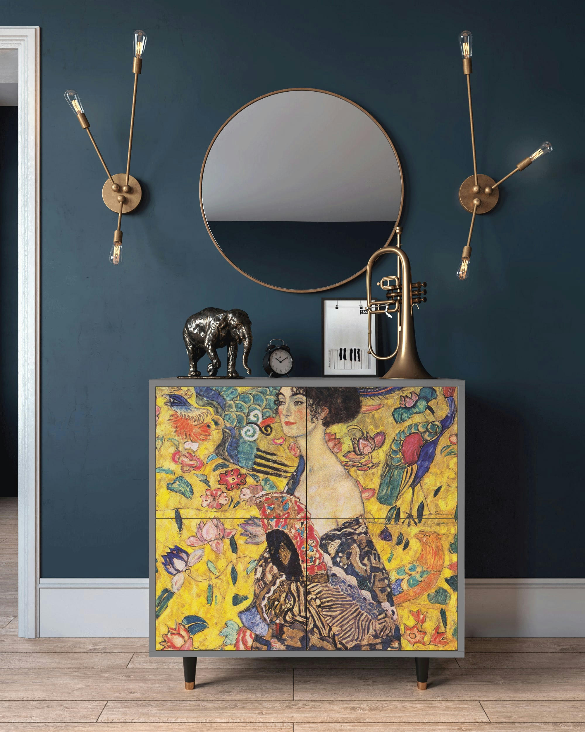 LADY WITH FAN BY GUSTAV KLIMT - Buffet  jaune 4 portes L 94 cm