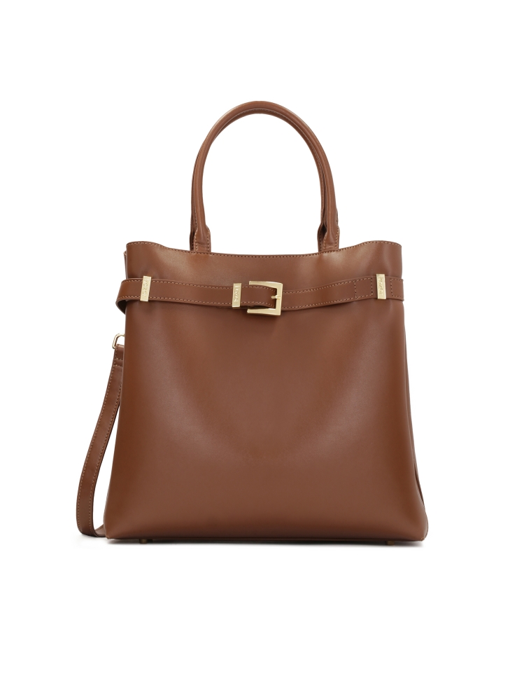 Brown leather handbag with buckle