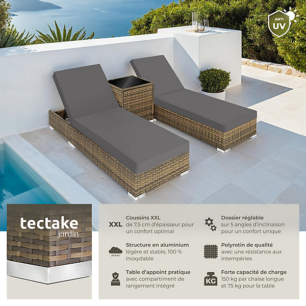 Lot de 2 Bains de soleil en duo au design luxueux avec Cadre en aluminium