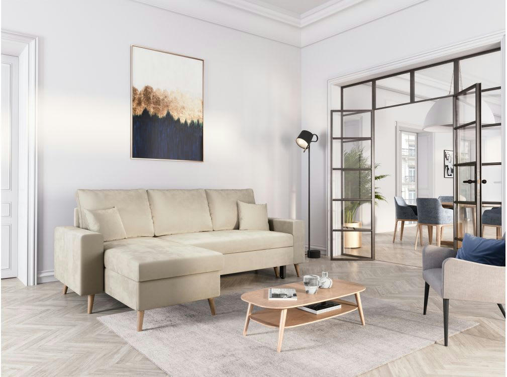 MARIA SCANDINAVE - Canapé d'angle convertible 3 places scandinave en velours - Beige