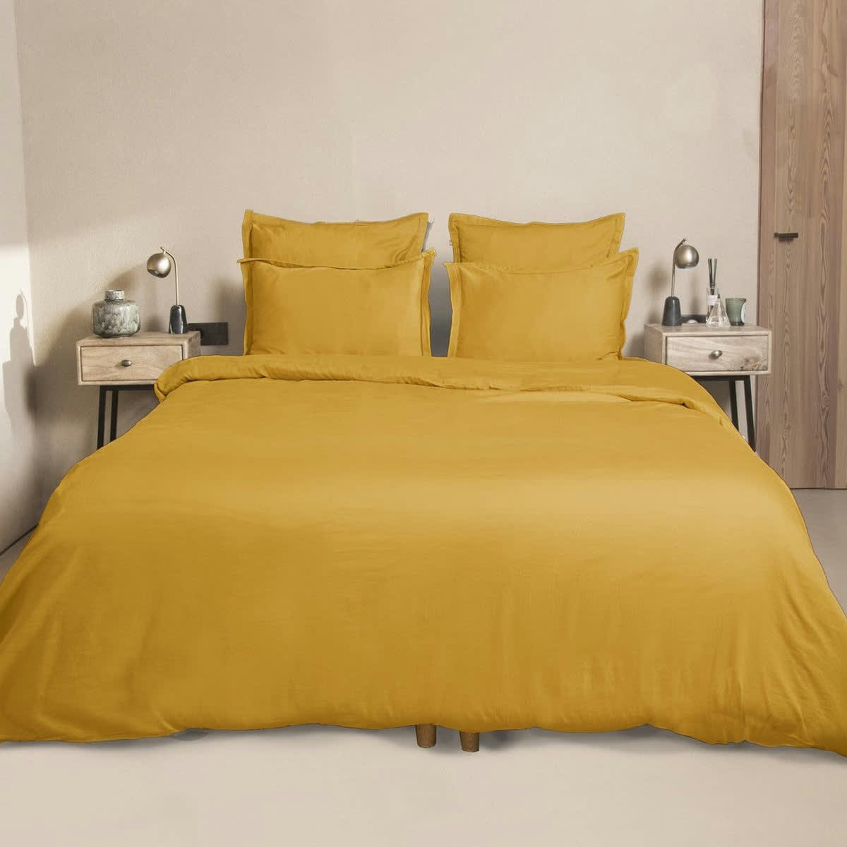 JULIA - Drap housse satin de coton  140x190x30 jaune moutarde