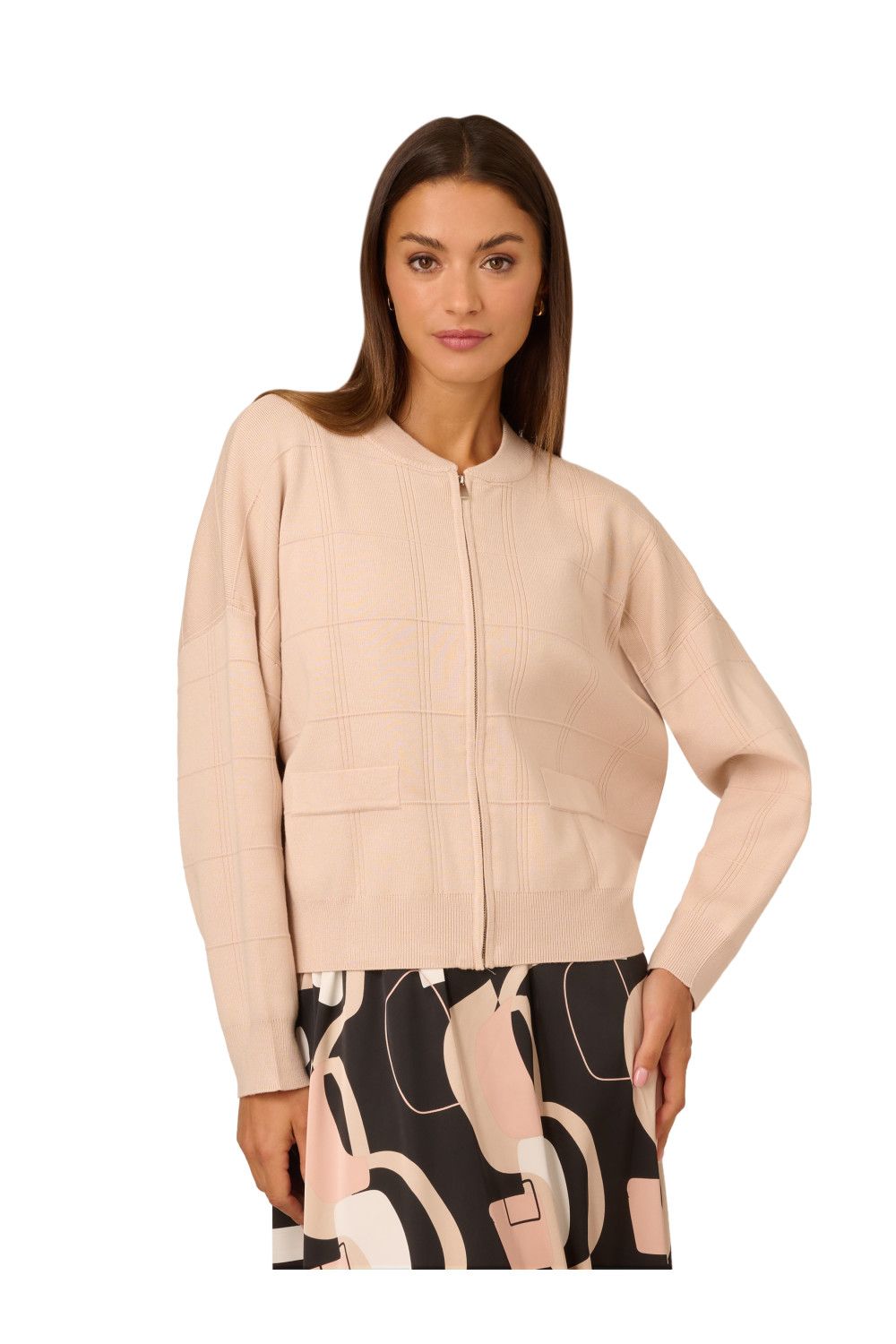 Adrianna Papell Long Sleeve Sweater Bomber With Front Zipper And Mock Neck