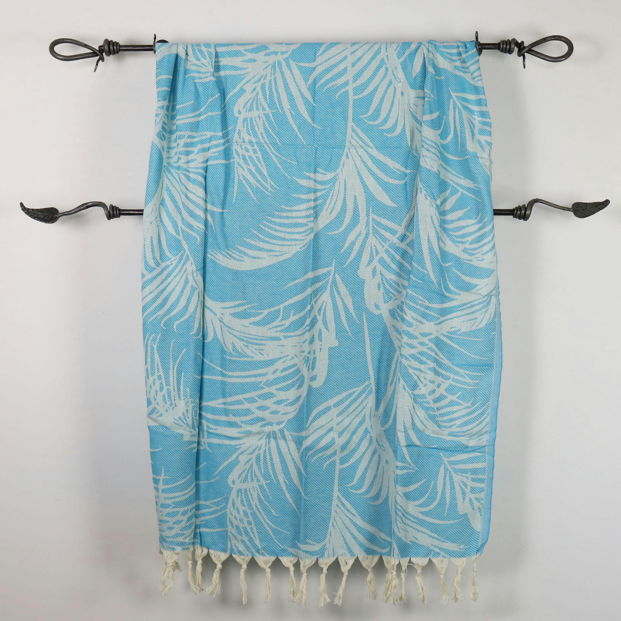 - Fouta palmiers 100% coton avec franges turquoise 100x180cm