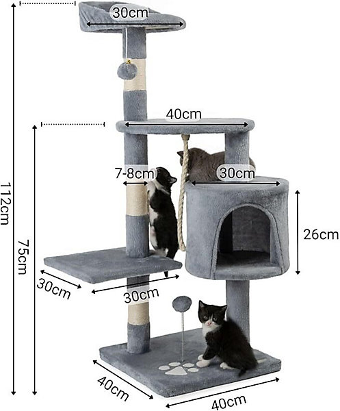 Arbre à Chat avec 2 balles en Peluche &Corde de Jeu, Hauteur 112 cm, avec Corde en sisal &Peluche, Surface de Repos &Grotte