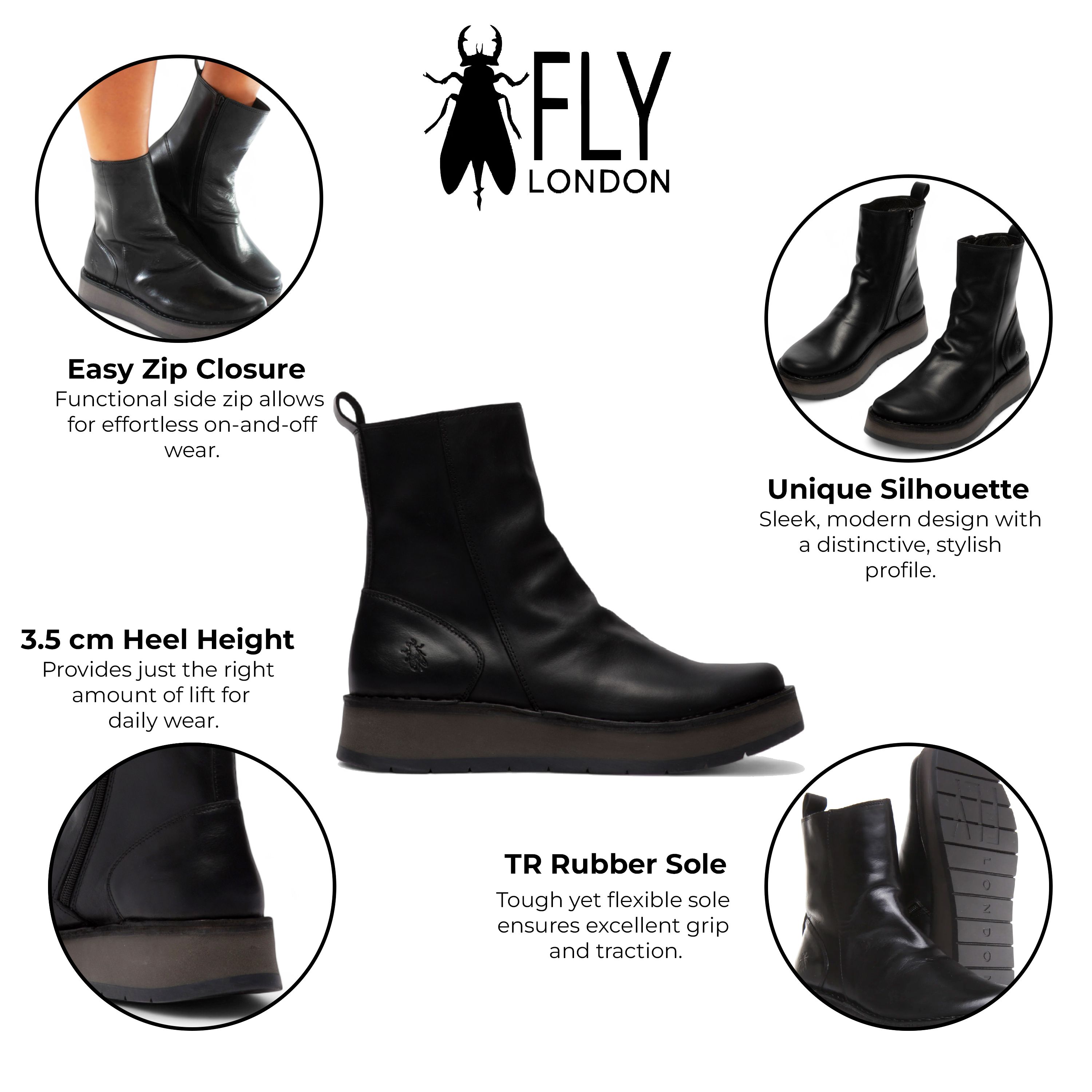 Infinity Leather Fly London RENO053FLY Leather Zip Up Platform Comfort Ankle Boots