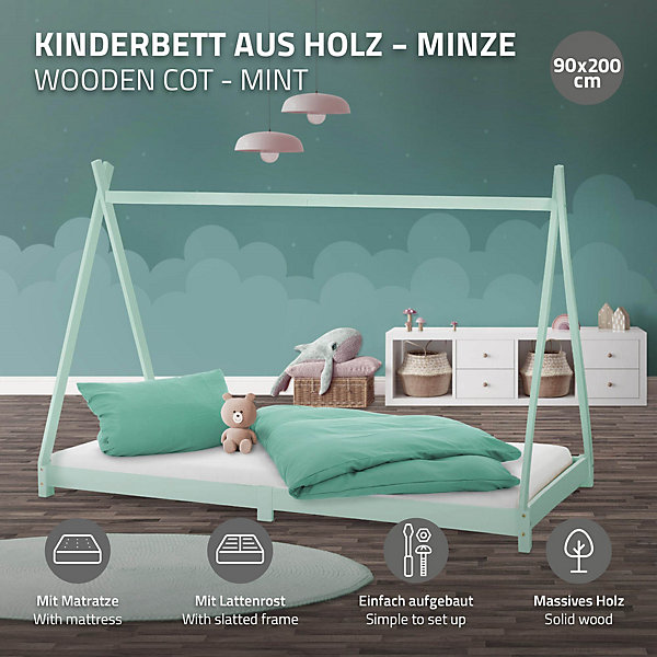 Lit d'enfant ML-Design Tipi 90x200 cm vert menthe en bois de pin massif style indien matelas H:16 cm