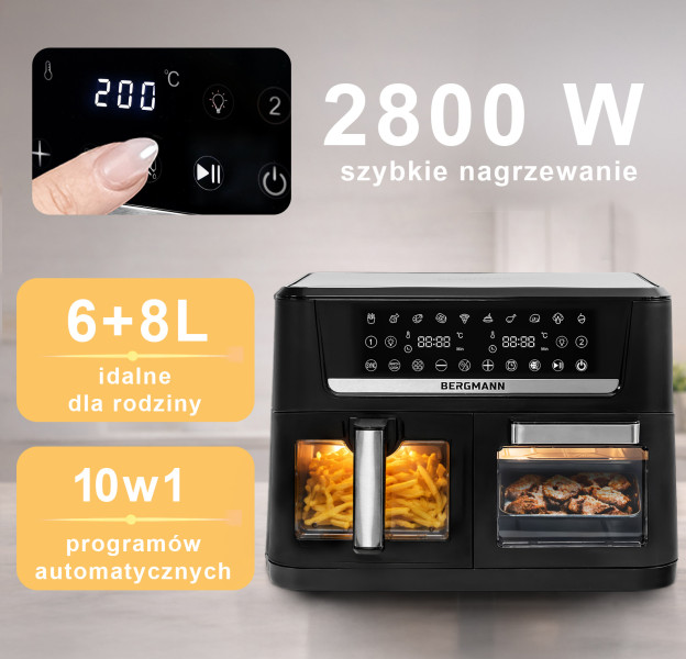 Frytkownica Beztłuszczowa 6L 8L BERGMANN AirFryer 2800W 10 Programów
