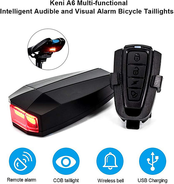 BASHLWUA Alarme antivol intelligente pour vélo, feu arrière rechargeable, klaxon électrique, localisateur de vélo avec télécommand