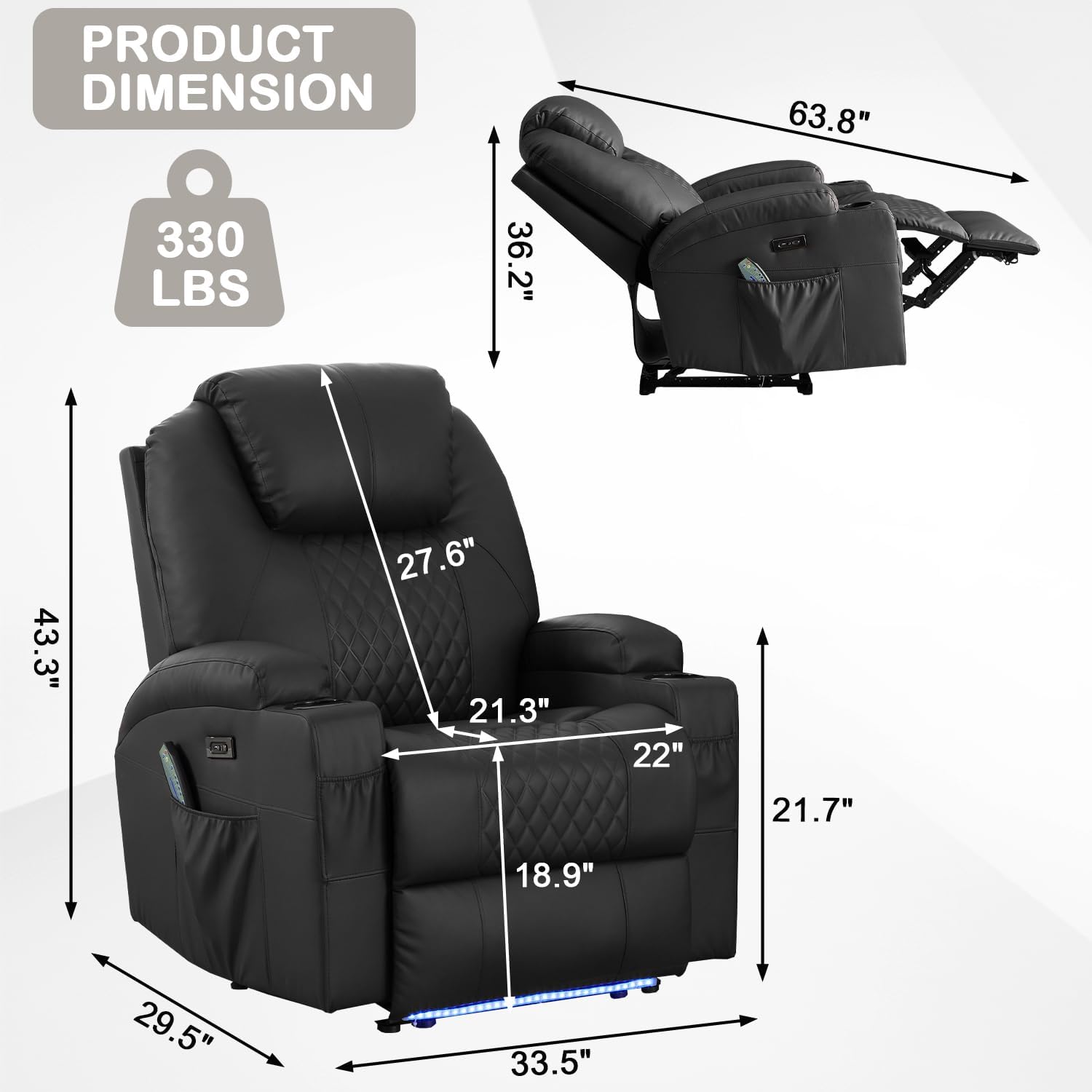 Power Recliner Chair with Heat and Massage for Adults - Home Theater Seating with LED Lights,Cup Holders,Side Pocket,USB Port - Recliner Sofa for Living Room (Black, Single Recliner)