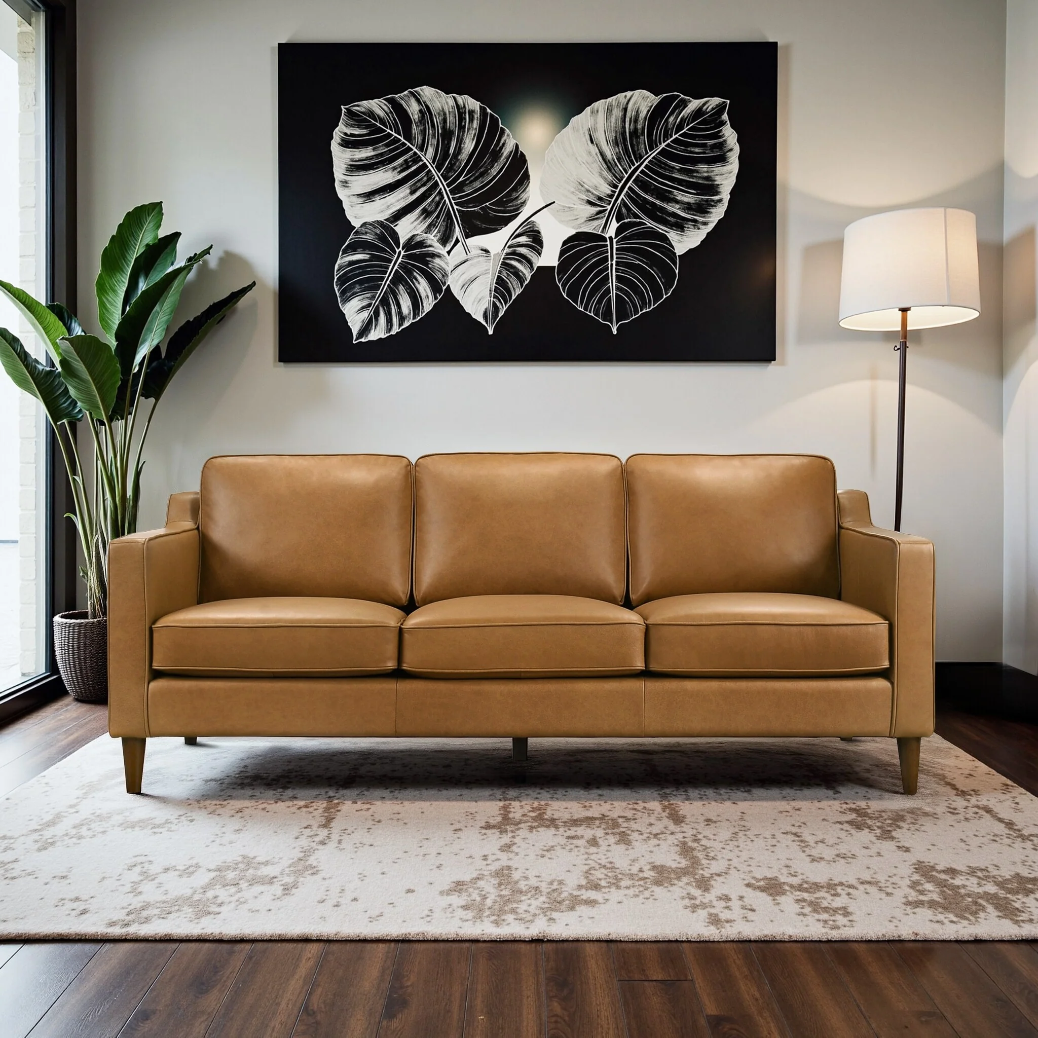 Madeline Mid Century Modern Furniture Genuine Leather Couches in Cognac Tan