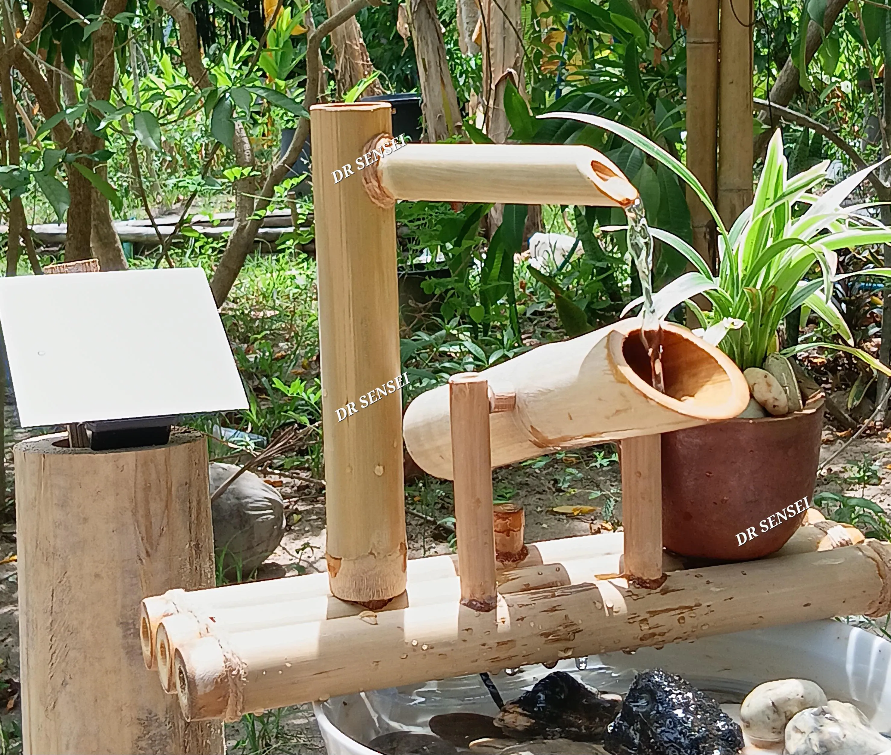 Tabletop Solar Bamboo Fountain Japanese | Handmade Shishi Odoshi | Small Zen Garden Fountain