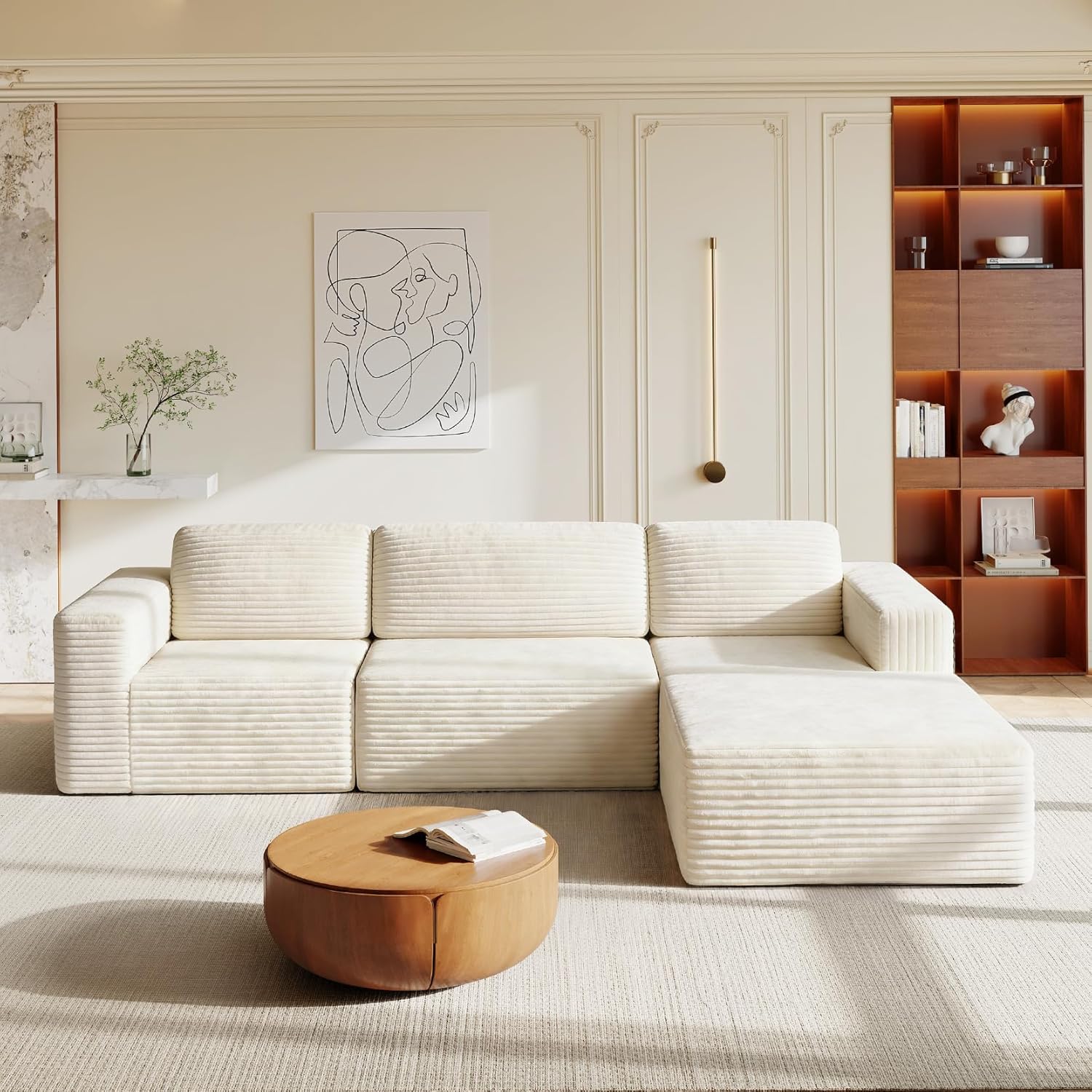 Vesgantti 119 L-Shaped Modular Sectional Sofa, Corduroy Cloud Couch with Deep Seating & Spring Support, Flexible Layout Sofa with Ottoman, Boneless Style, No Assembly Required, Beige