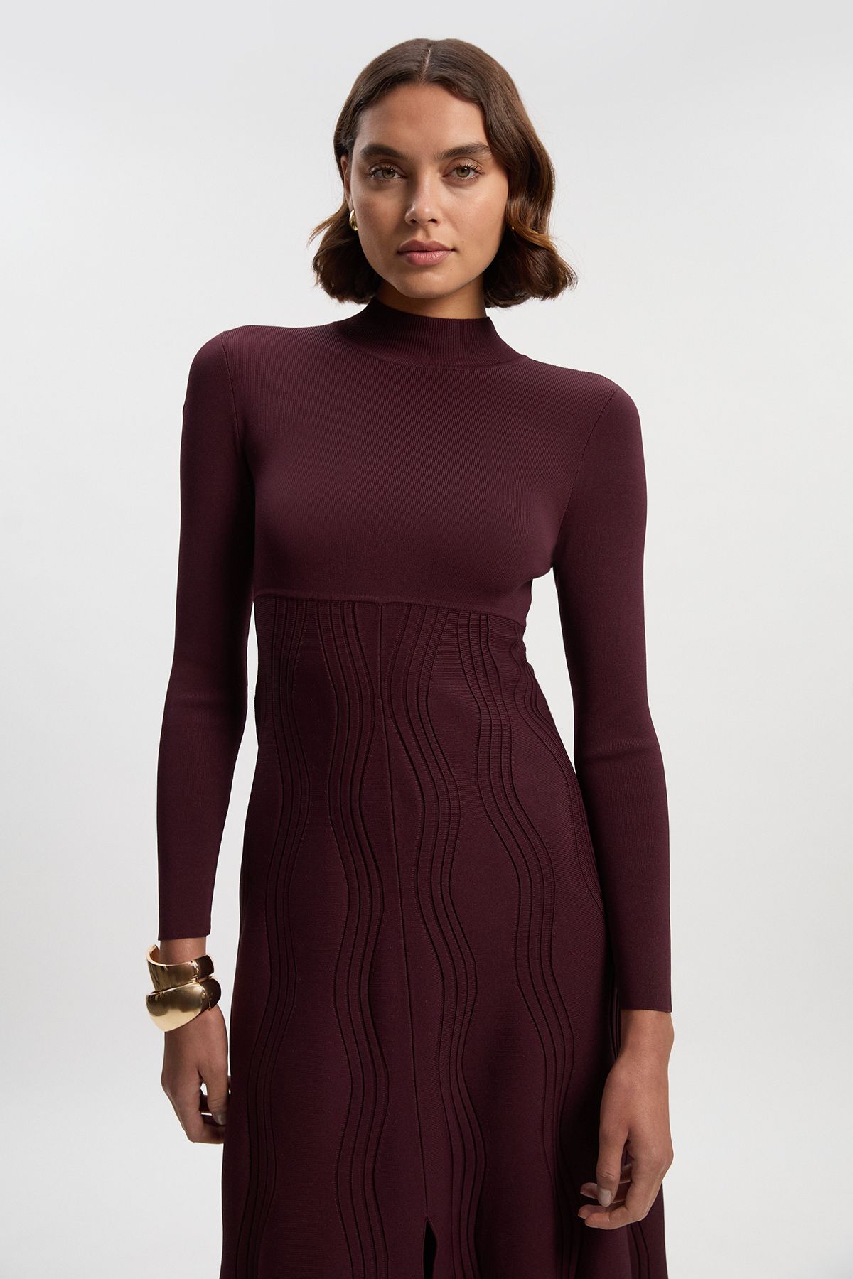 KarenMillen Contrast Wave Knit A-Line Knitted Long Sleeve Dress