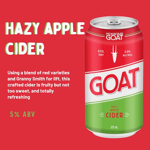 Mountain Goat Hazy Apple Cider, Refreshing & Crisp, Fruity Drink, 5% ABV, 375mL (Case of 24 Cans)