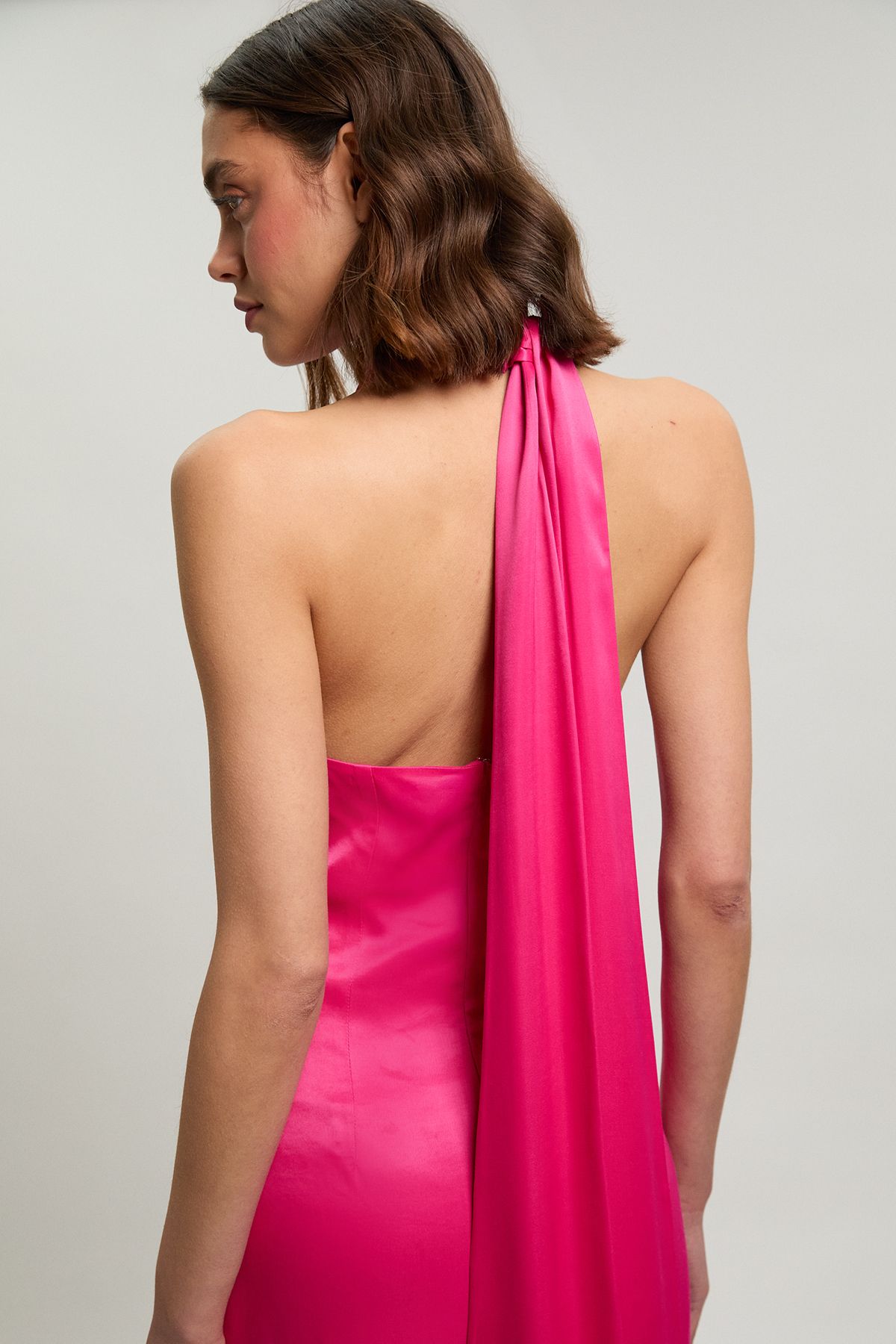 KarenMillen Ruffle Detail Satin Viscose Halterneck Maxi Dress