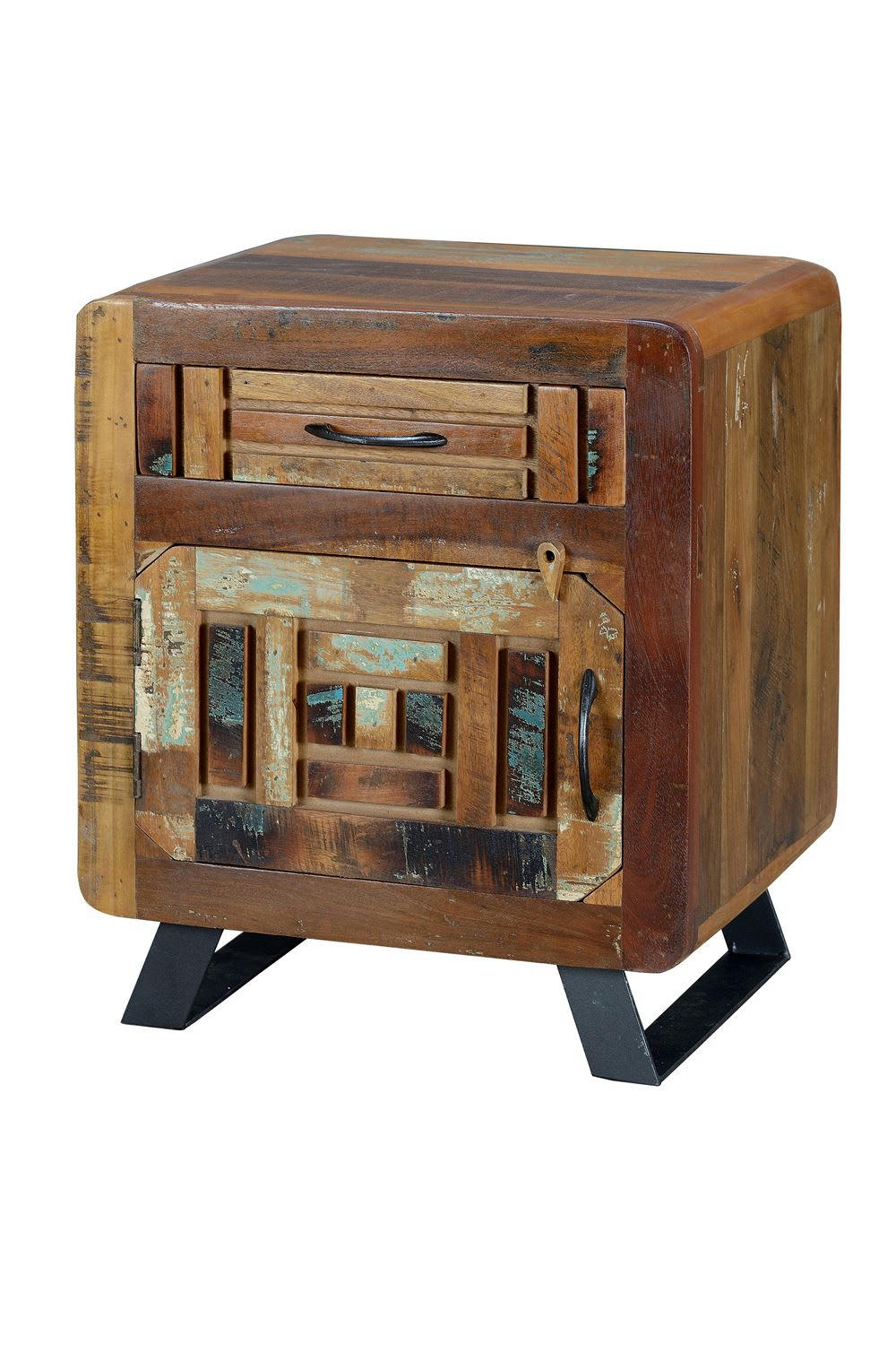 - Table de chevet en bois de manguier. noyer vieilli et gris