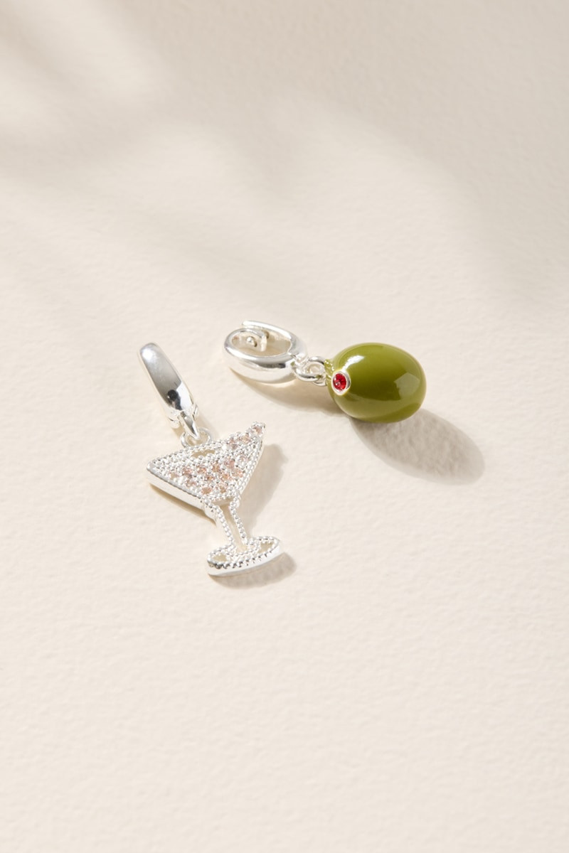 Martini Glass and Olive Charm Set Silver