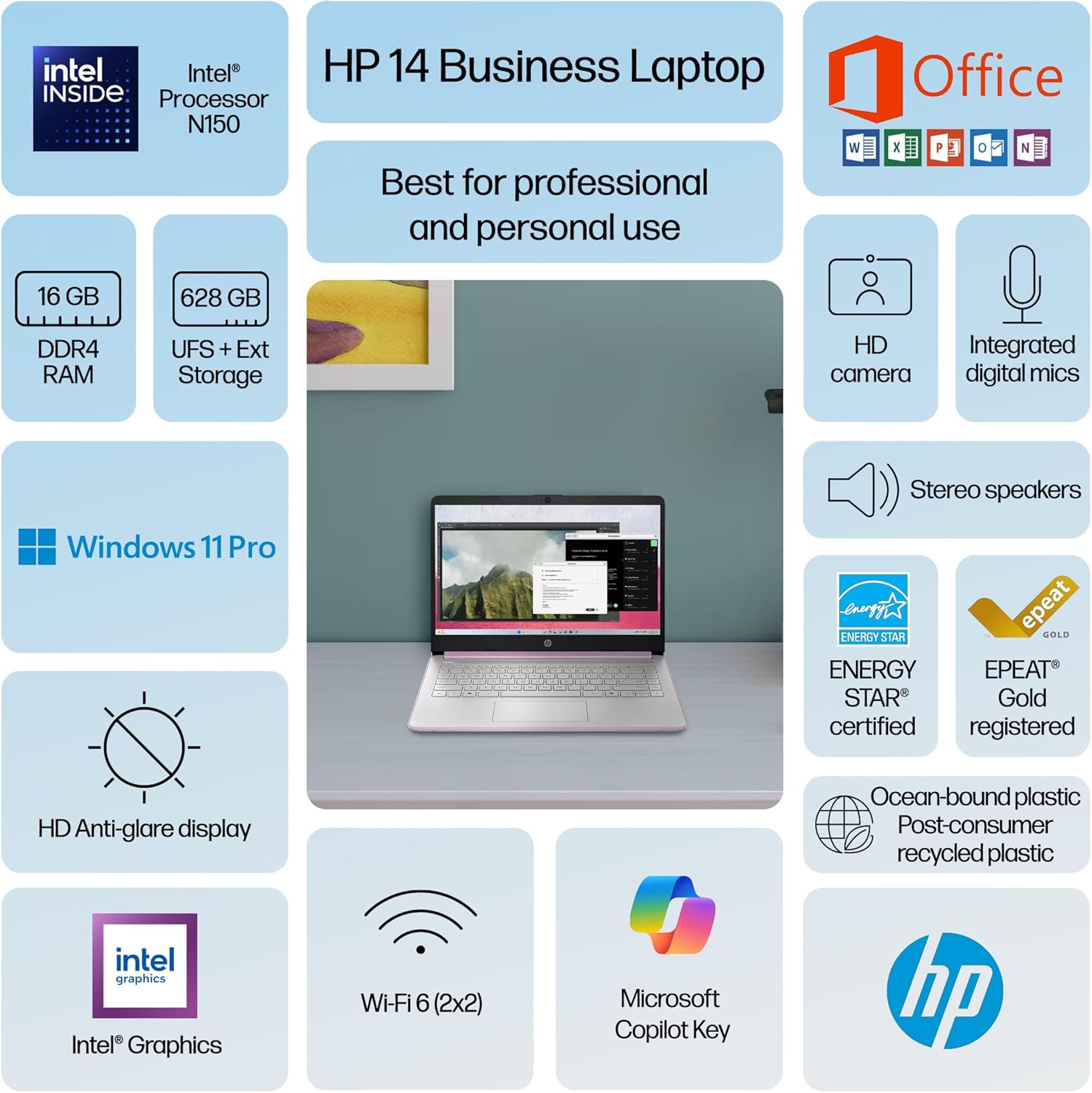 HP 14 Laptop Computer 2025-2026 Business Student  Copilot AI  Lifetime Office  4-Core Intel CPU  16GB RAM  628GB Storage (128GB UFS+500GB Ext)  Wi-Fi 6  10+ Hrs  MarxsolAccessory Win 11 Pro  Lavender